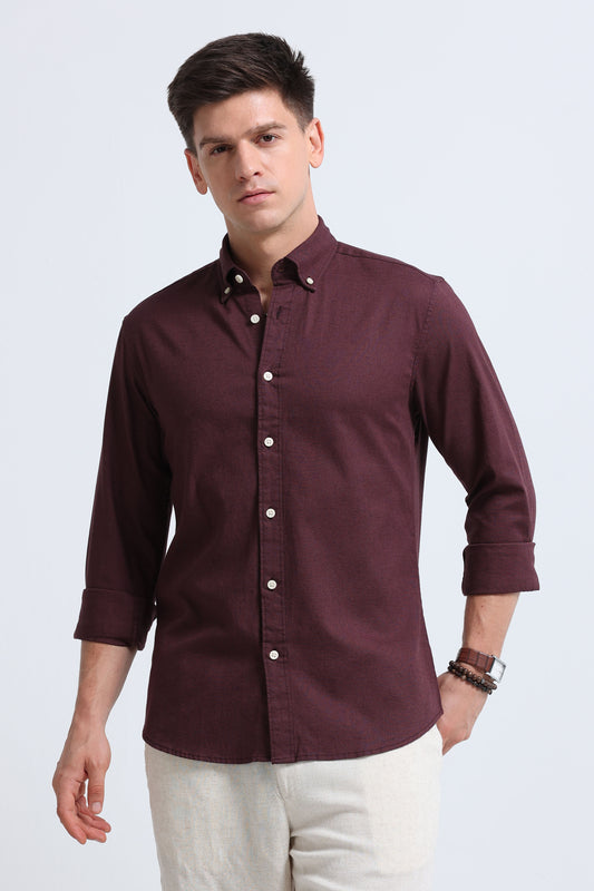 Classic Cotton Linen Button-Down Shirt Burgundy