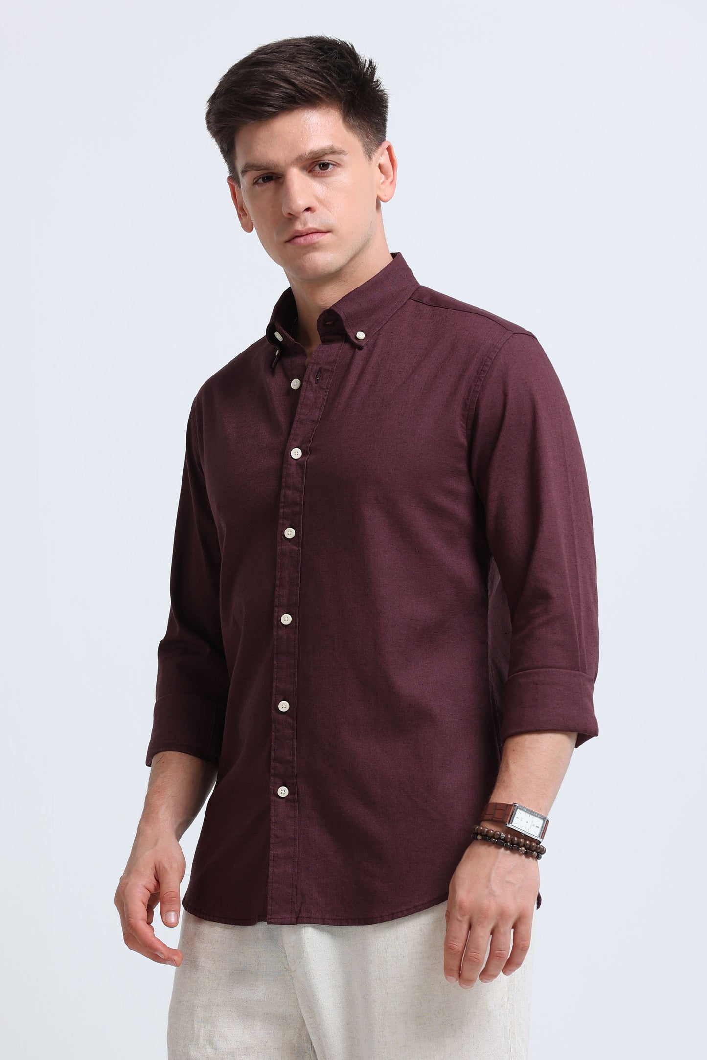 Classic Cotton Linen Button-Down Shirt Burgundy