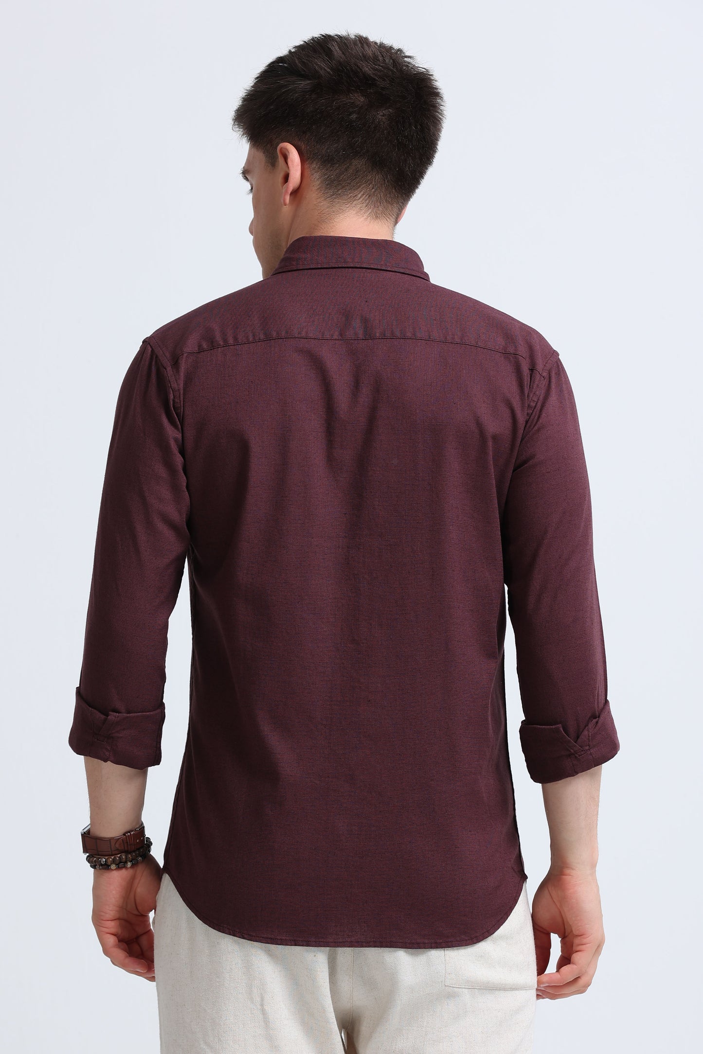 Classic Cotton Linen Button-Down Shirt Burgundy