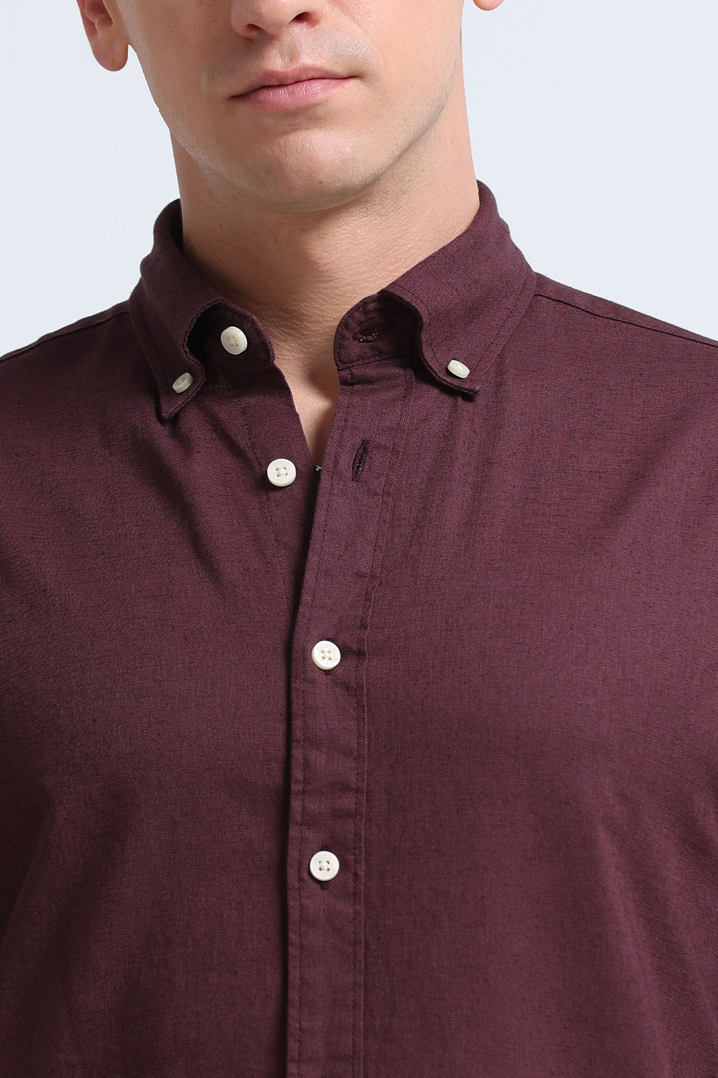 Classic Cotton Linen Button-Down Shirt Burgundy