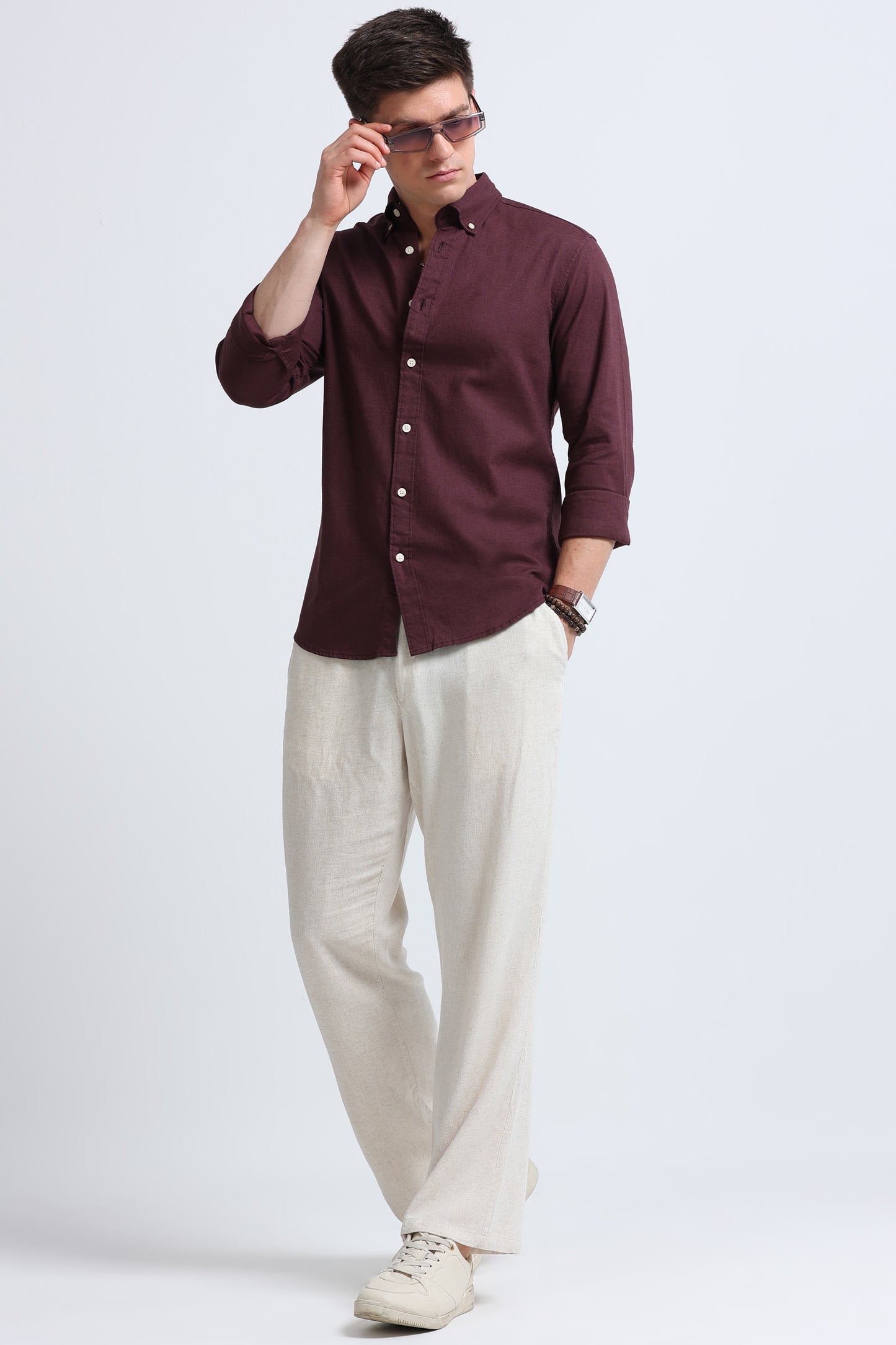 Classic Cotton Linen Button-Down Shirt Burgundy