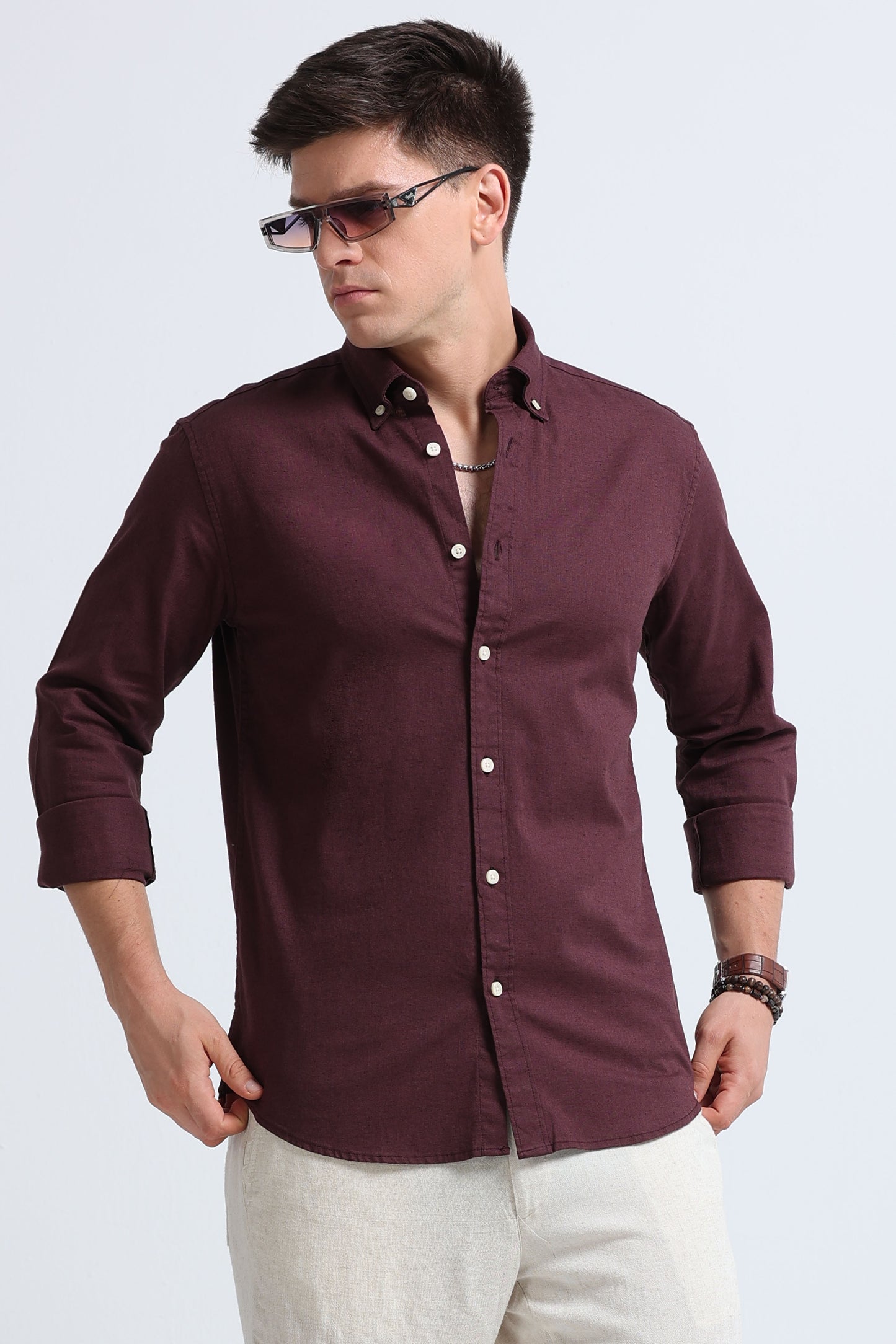 Classic Cotton Linen Button-Down Shirt Burgundy