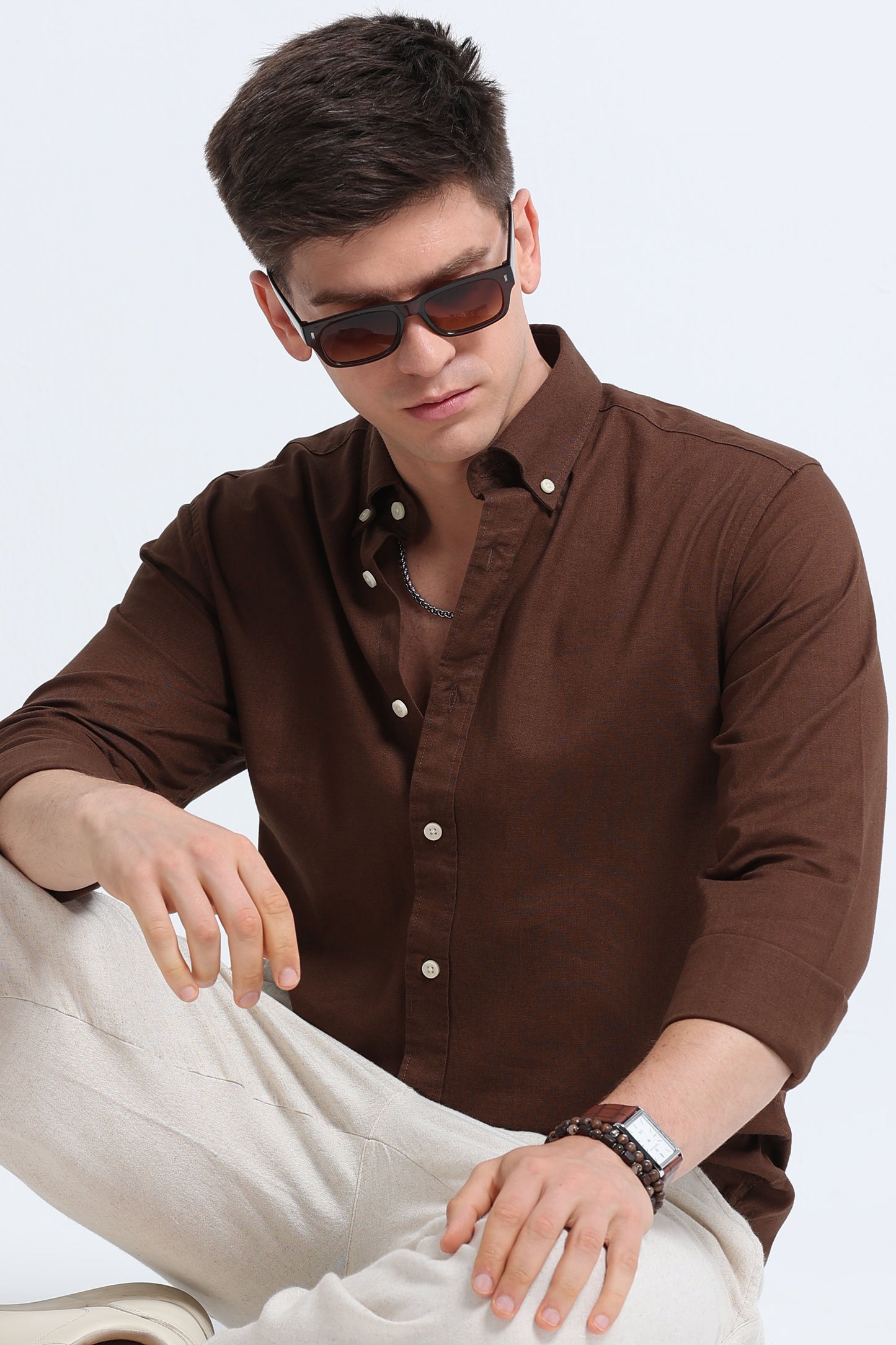Classic Cotton Linen Button-Down Shirt Dk Brown