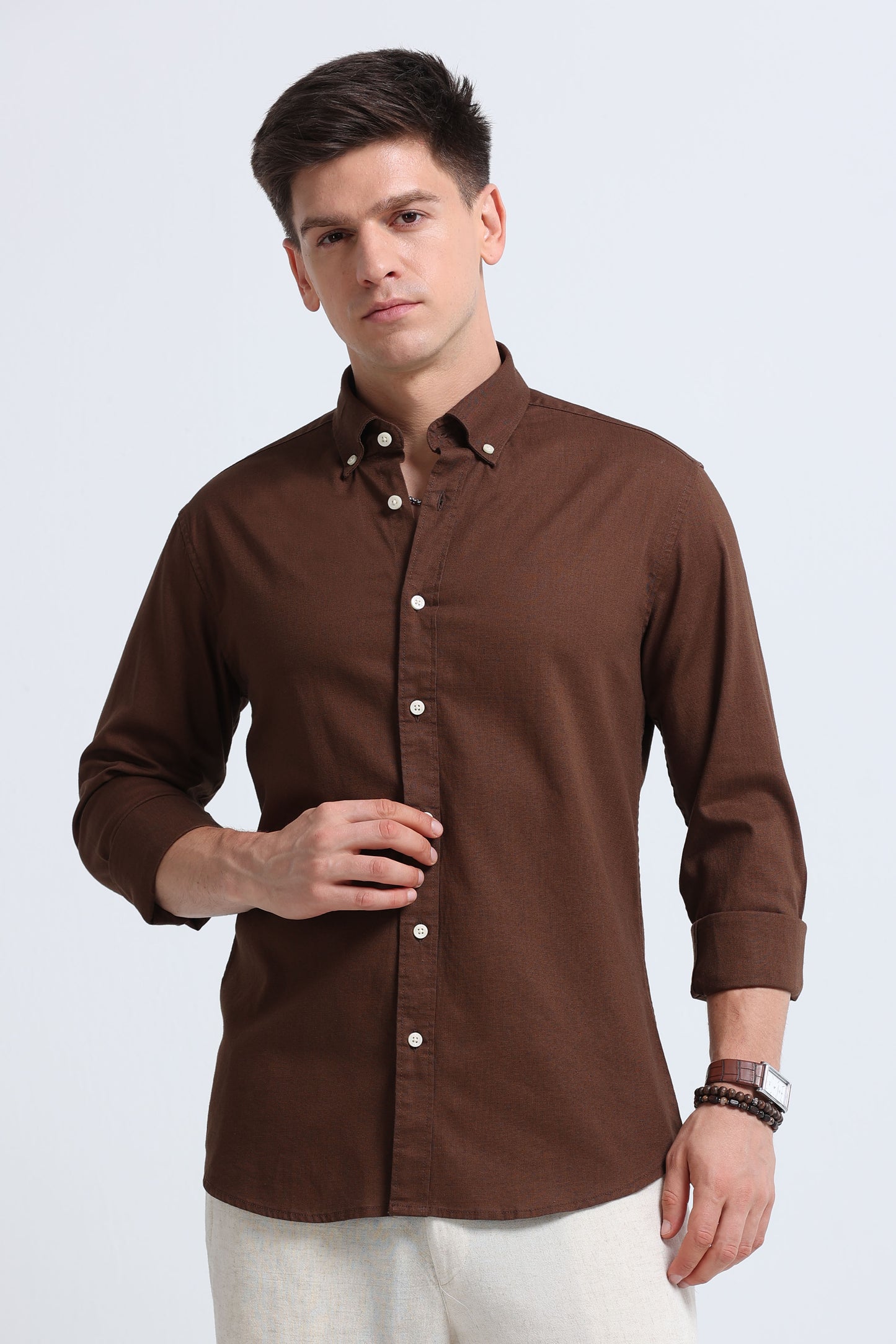 Classic Cotton Linen Button-Down Shirt Dk Brown