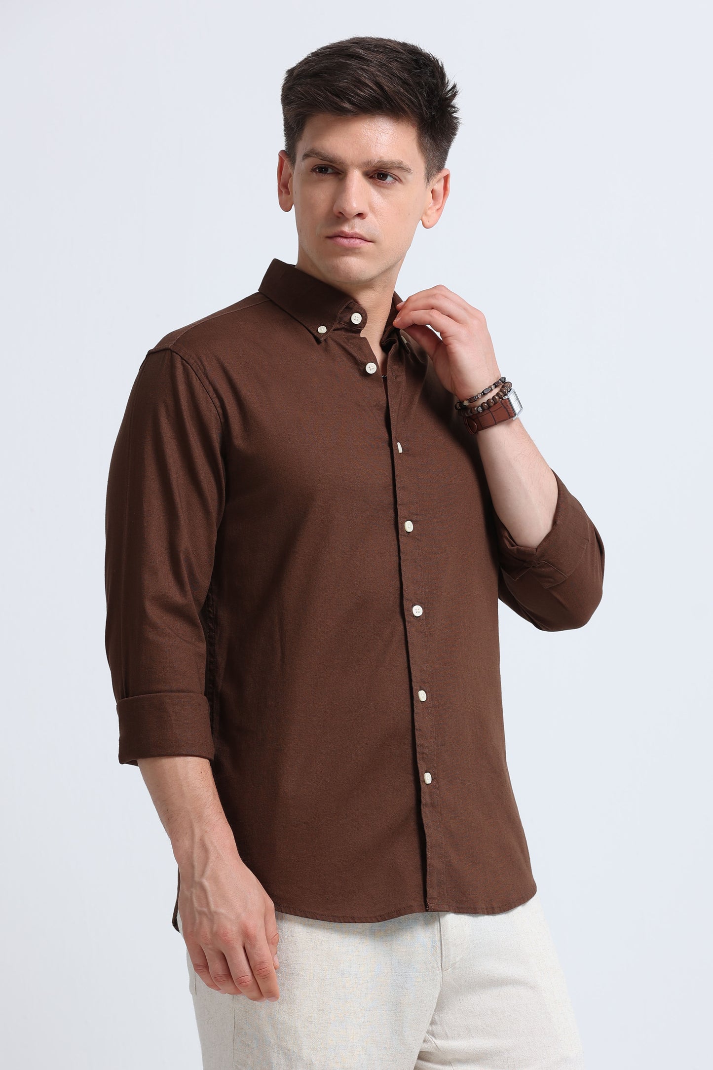 Classic Cotton Linen Button-Down Shirt Dk Brown