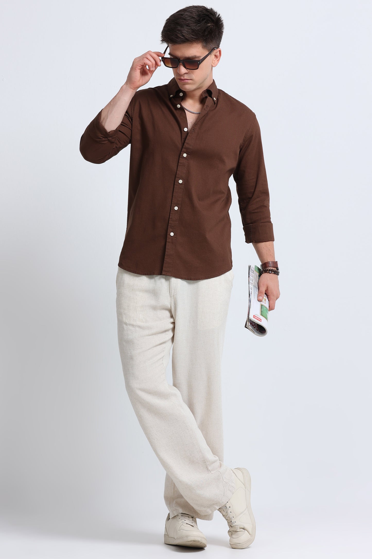Classic Cotton Linen Button-Down Shirt Dk Brown