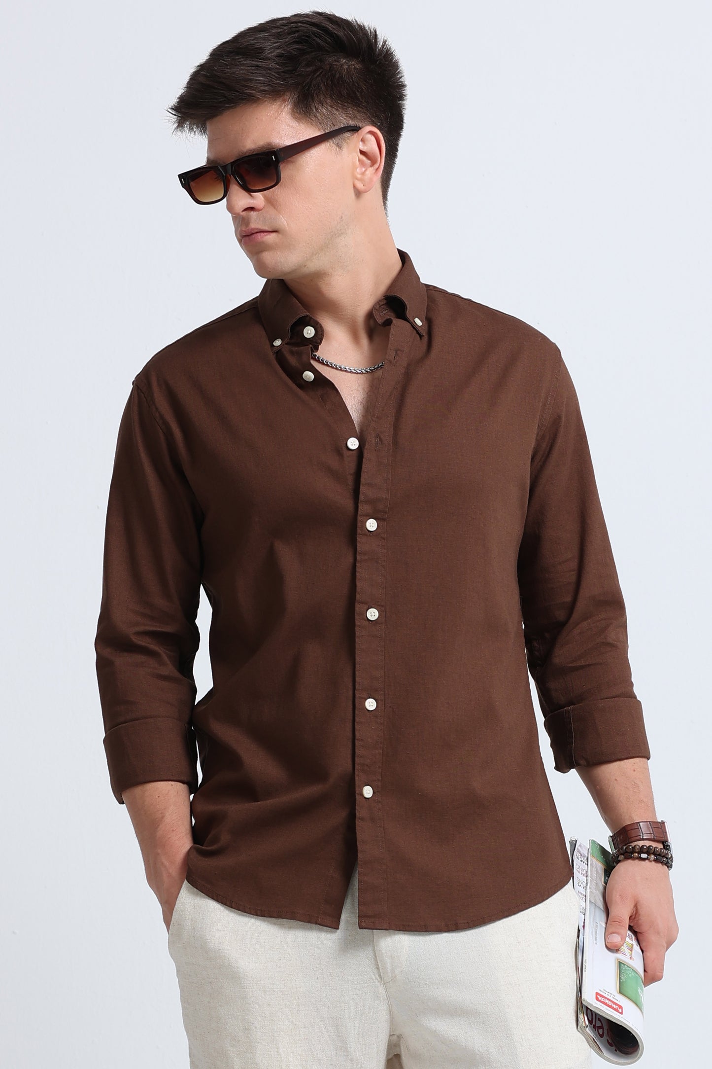 Classic Cotton Linen Button-Down Shirt Dk Brown
