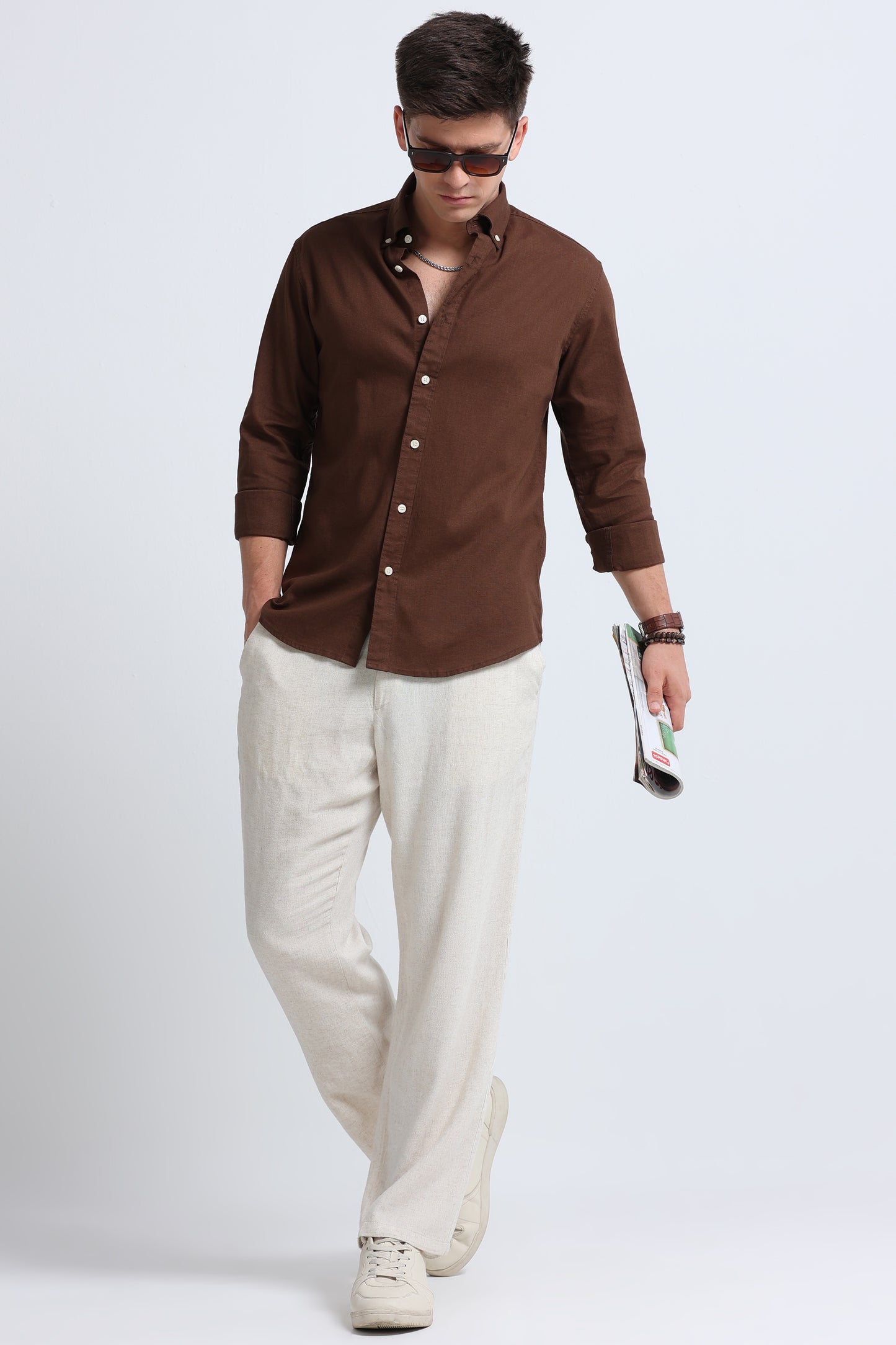 Classic Cotton Linen Button-Down Shirt Dk Brown