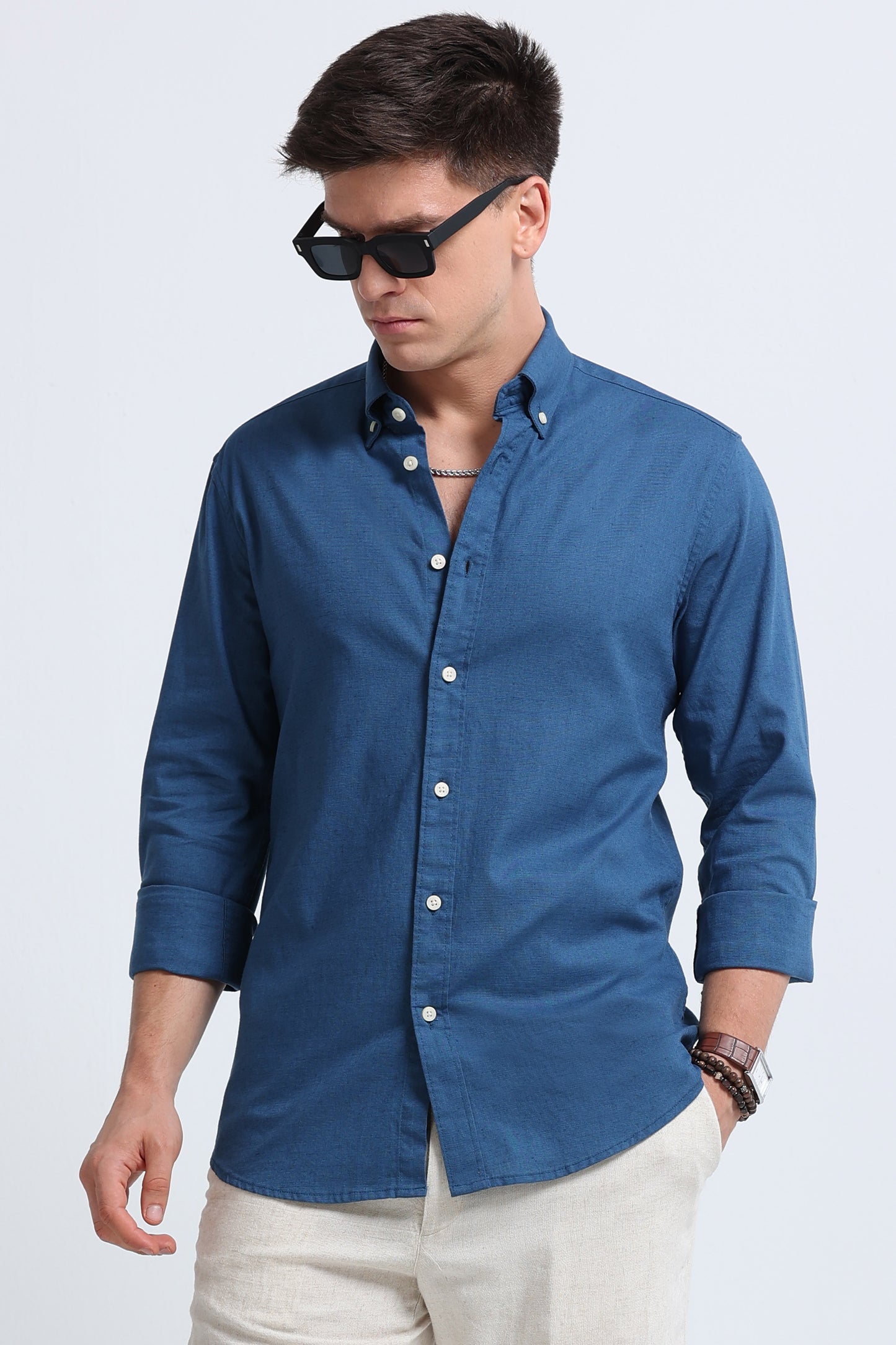 Classic Cotton Linen Button-Down Shirt Blue