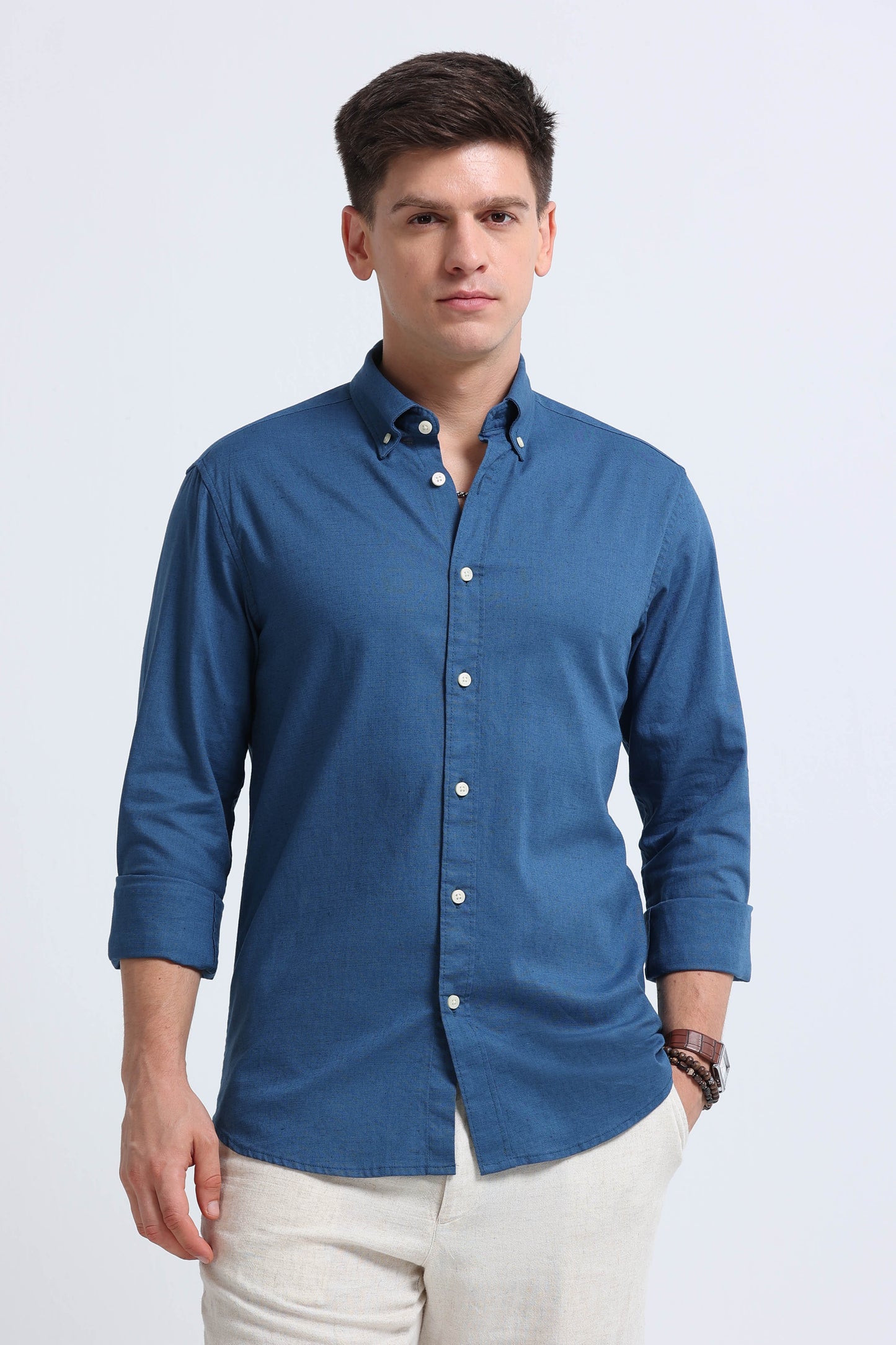 Classic Cotton Linen Button-Down Shirt Blue