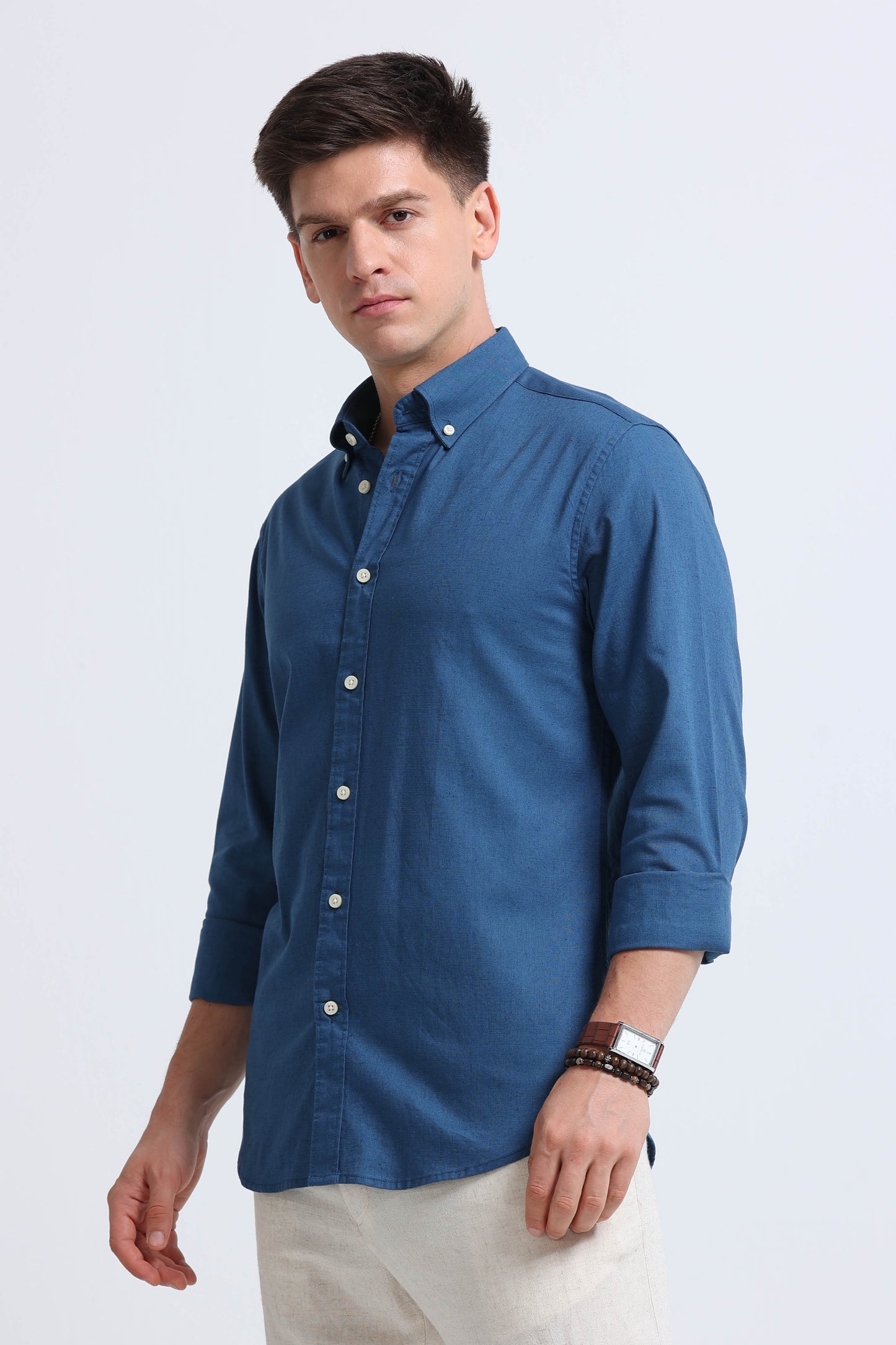 Classic Cotton Linen Button-Down Shirt Blue