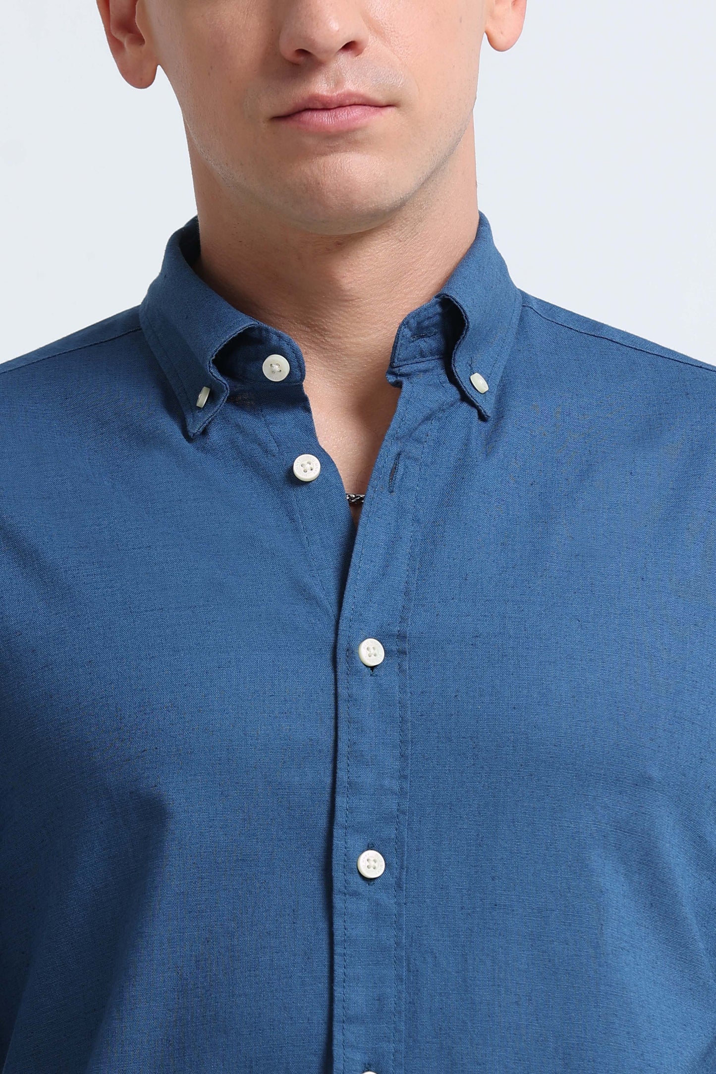 Classic Cotton Linen Button-Down Shirt Blue