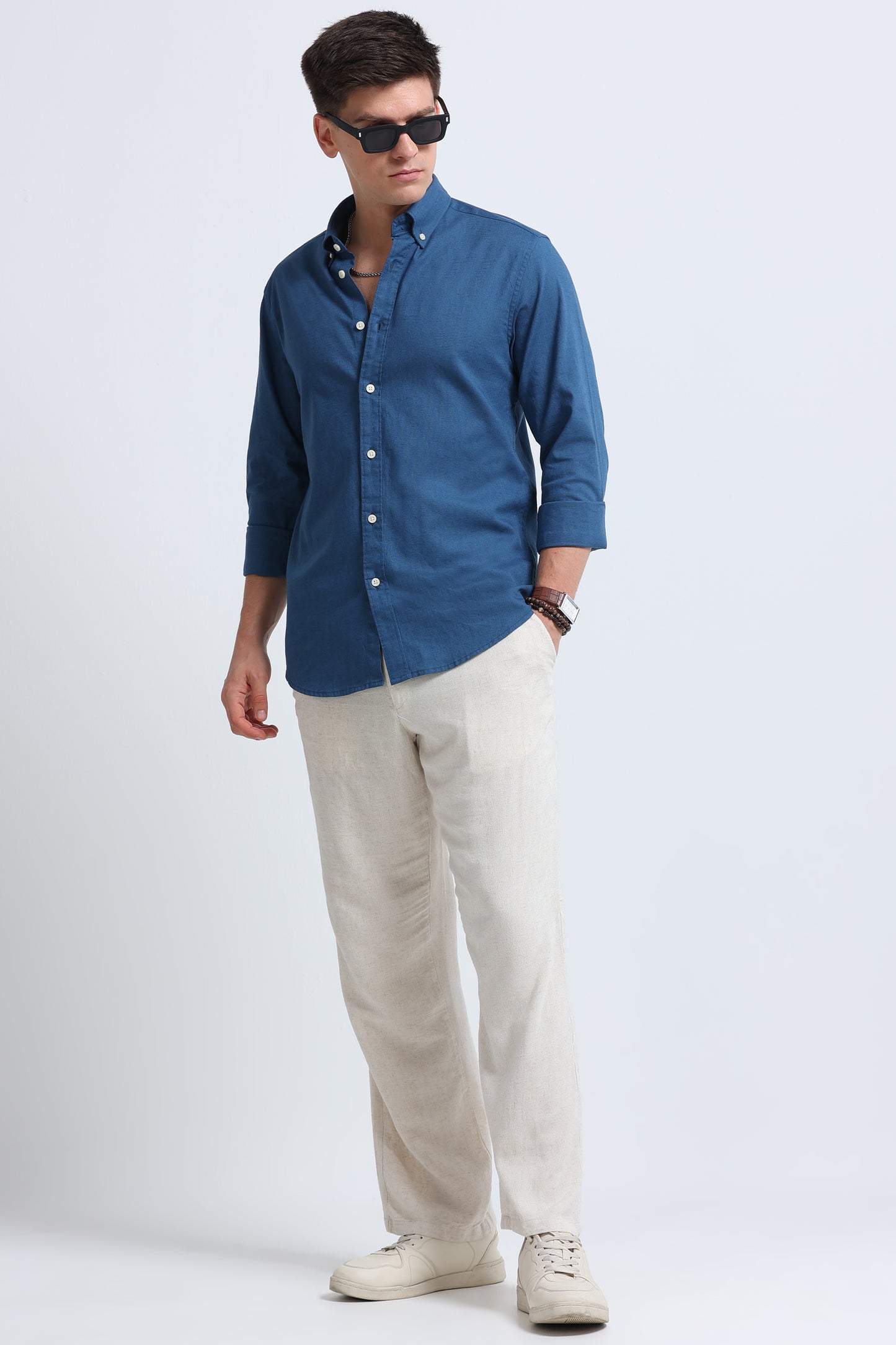 Classic Cotton Linen Button-Down Shirt Blue