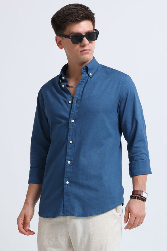 Classic Cotton Linen Button-Down Shirt Blue