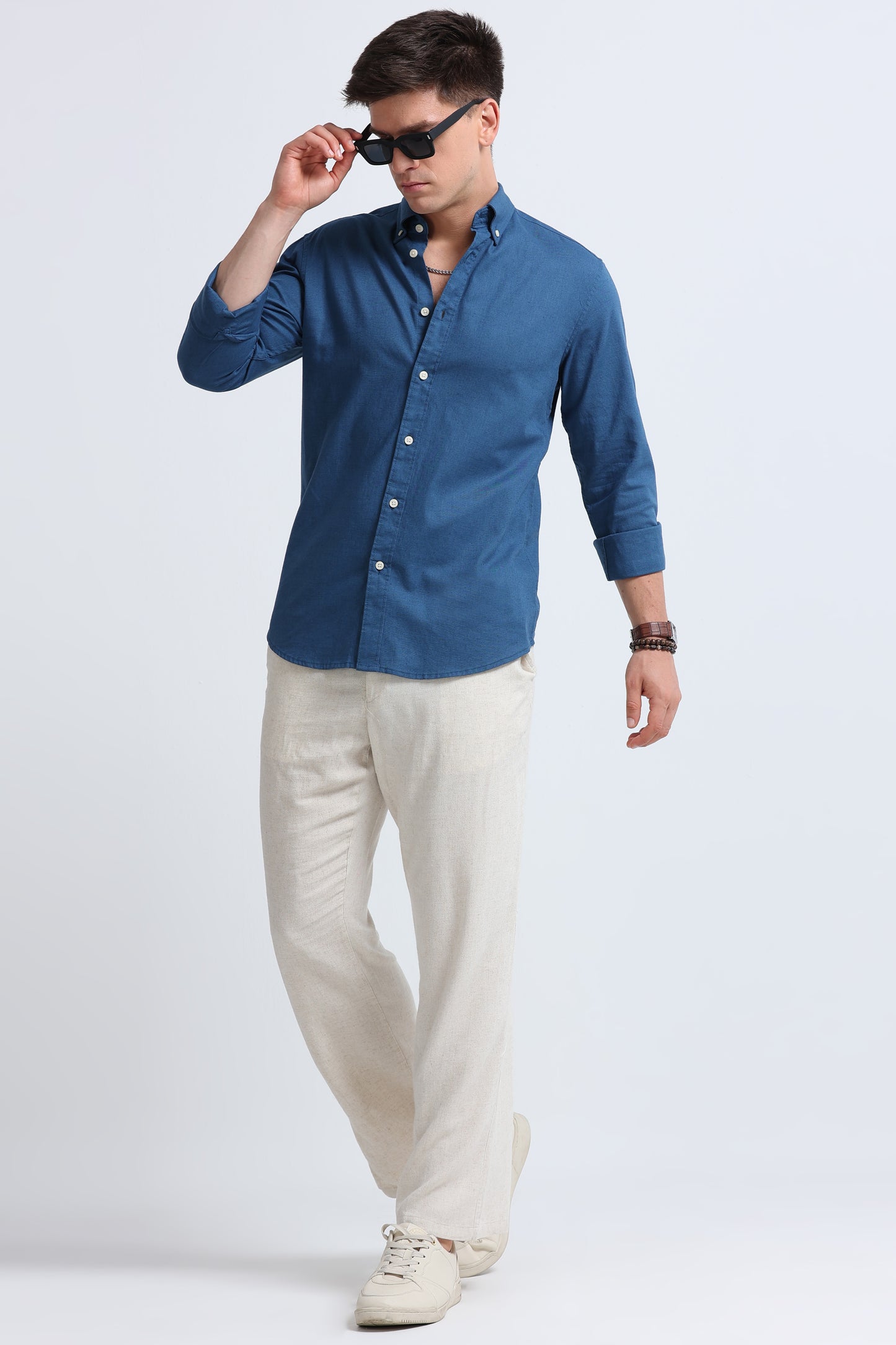 Classic Cotton Linen Button-Down Shirt Blue