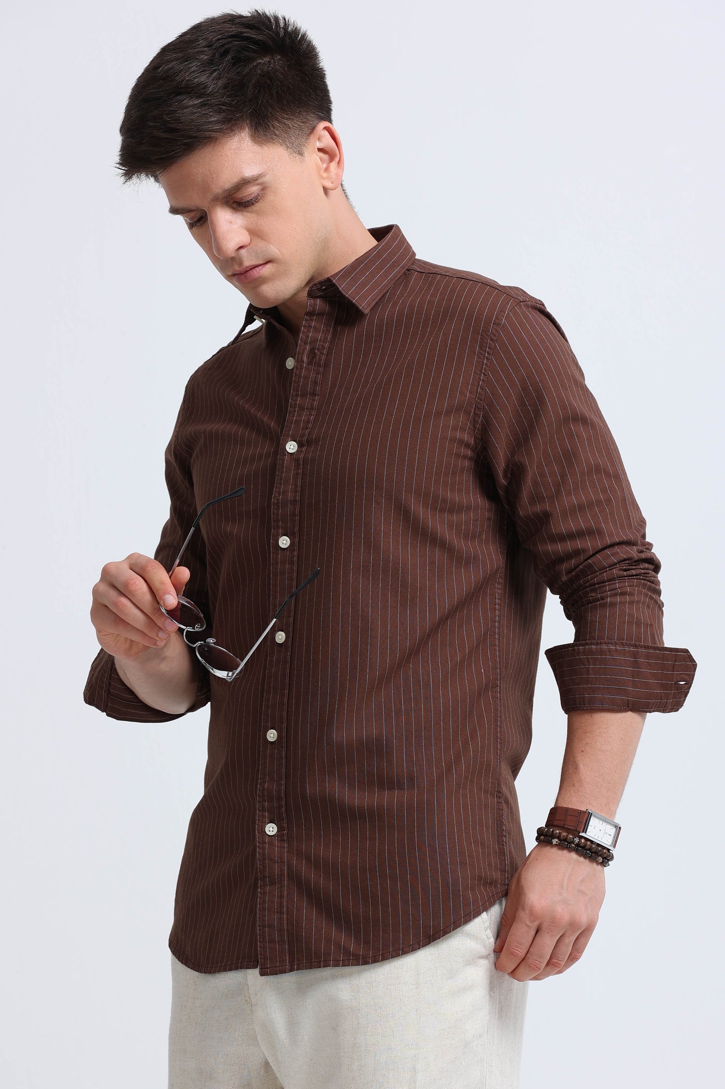 Slim Striped Cotton Oxford Shirt Brown