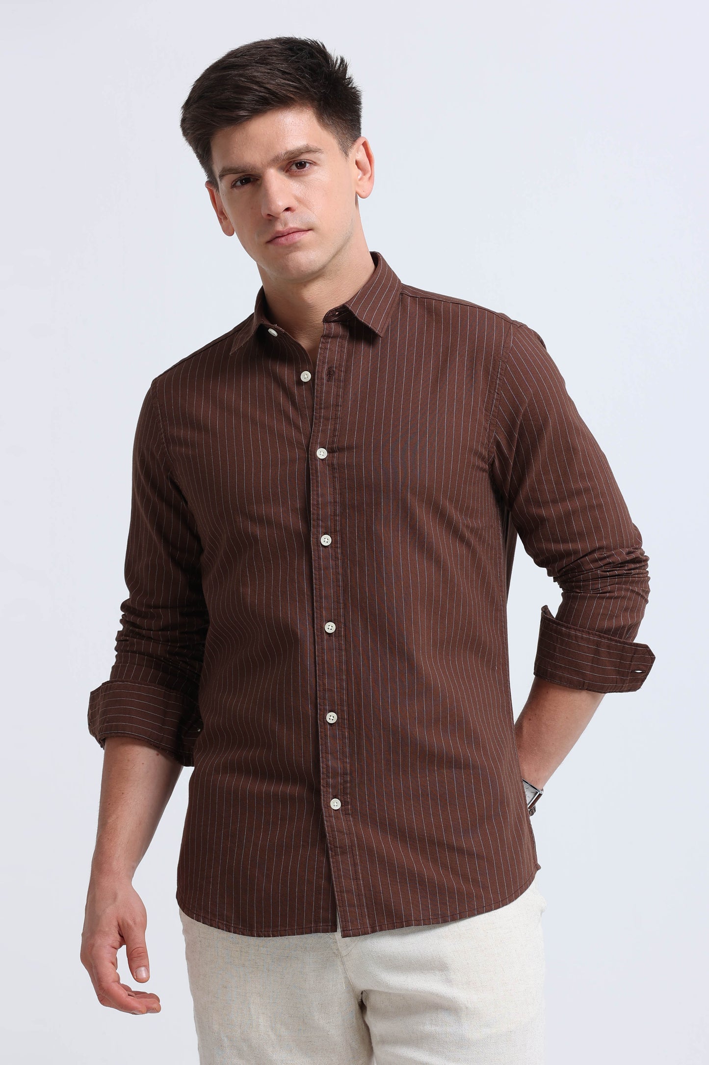 Slim Striped Cotton Oxford Shirt Brown