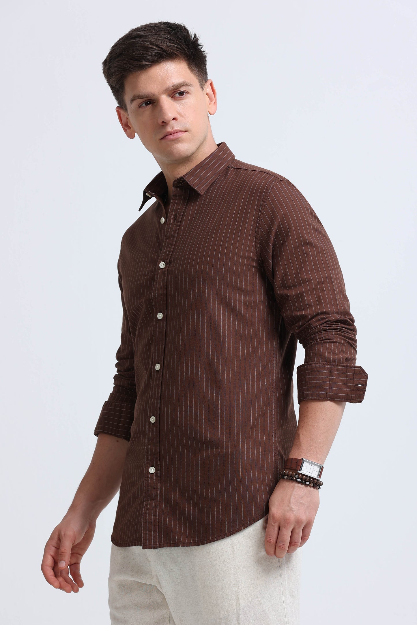 Slim Striped Cotton Oxford Shirt Brown