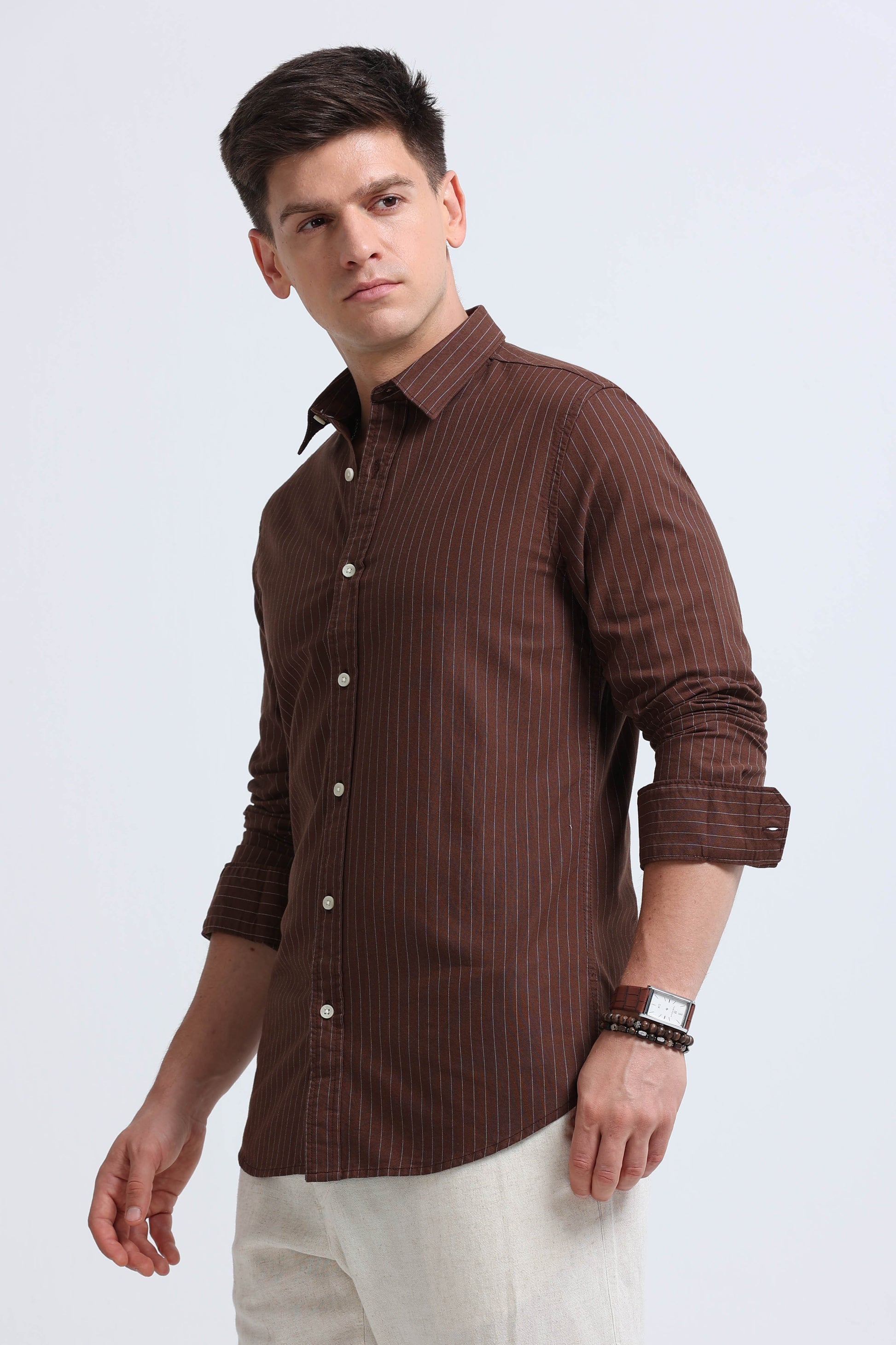 Slim Striped Cotton Oxford Shirt Brown