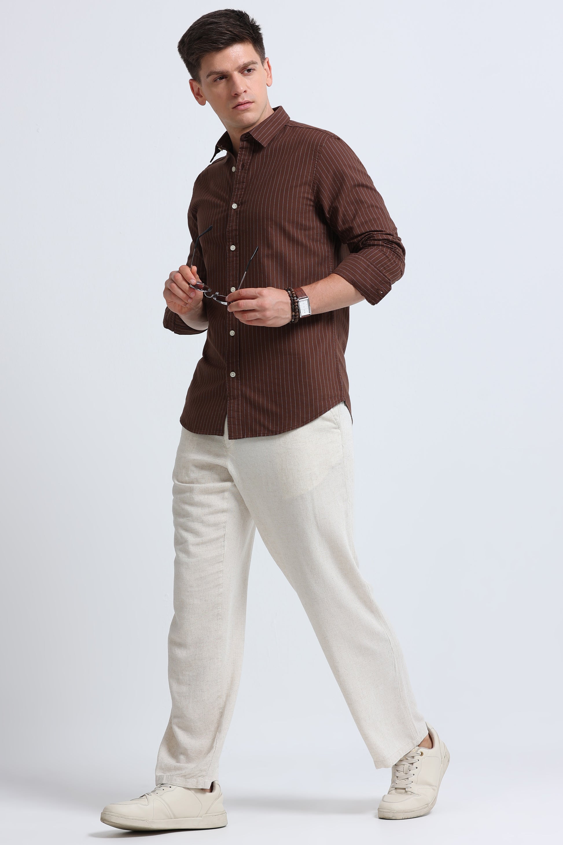 Slim Striped Cotton Oxford Shirt Brown