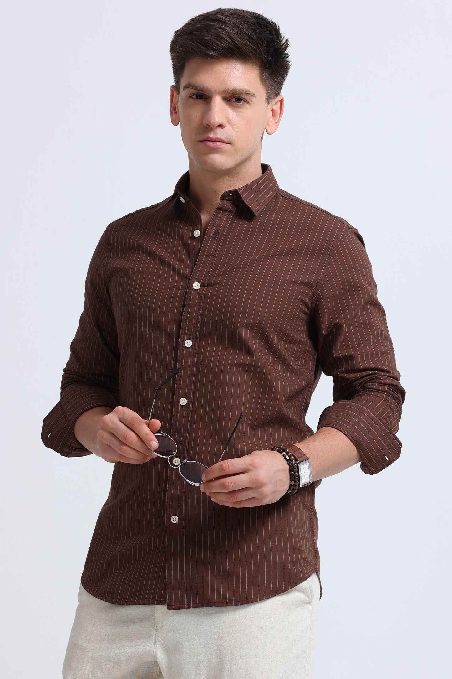 Slim Striped Cotton Oxford Shirt Brown