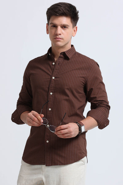 Slim Striped Cotton Oxford Shirt Brown