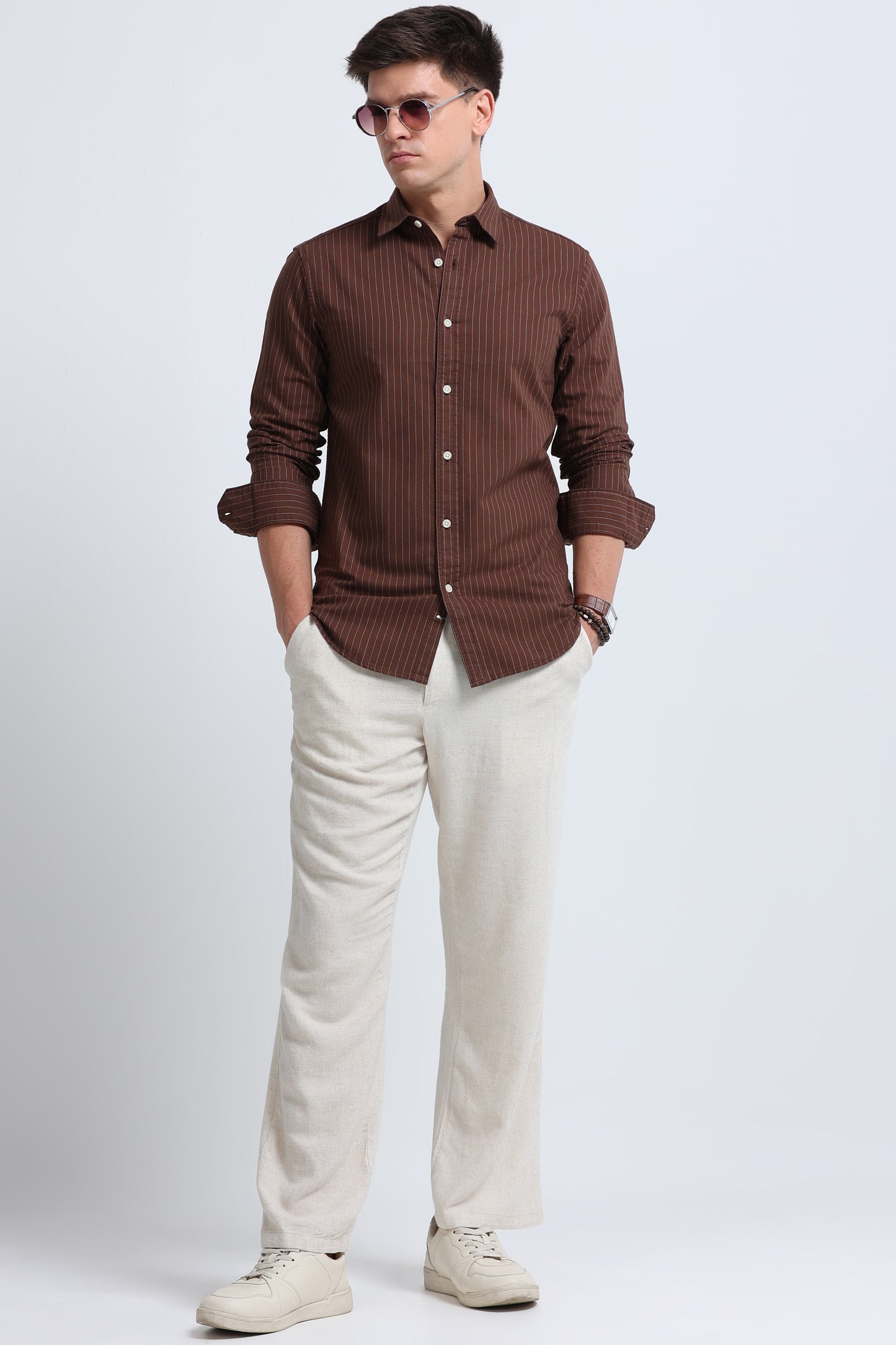 Slim Striped Cotton Oxford Shirt Brown
