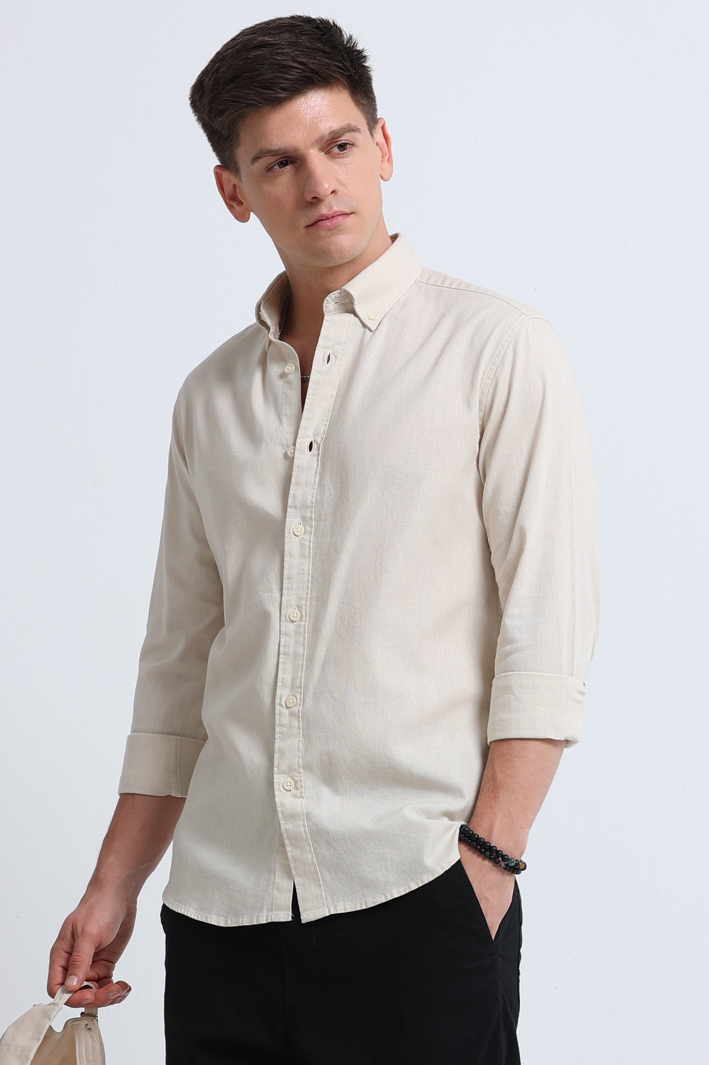 Classic Cotton Linen Button-Down Shirt Cream