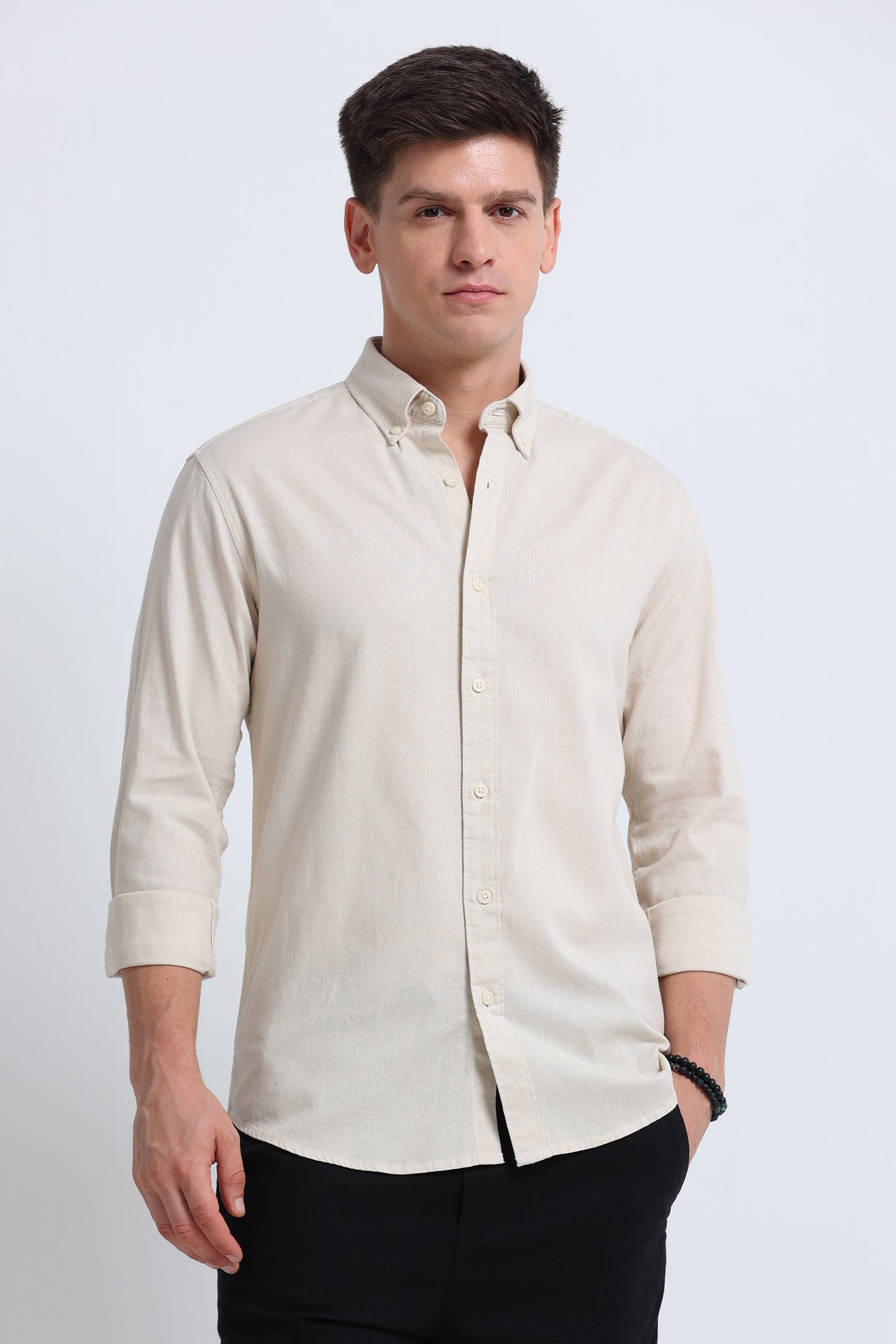 Classic Cotton Linen Button-Down Shirt Cream