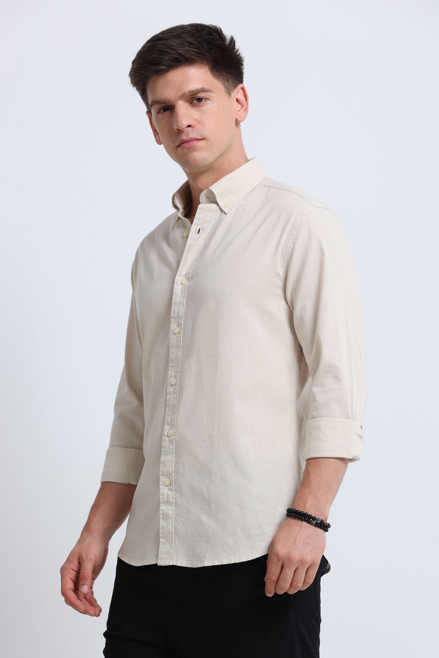 Classic Cotton Linen Button-Down Shirt Cream