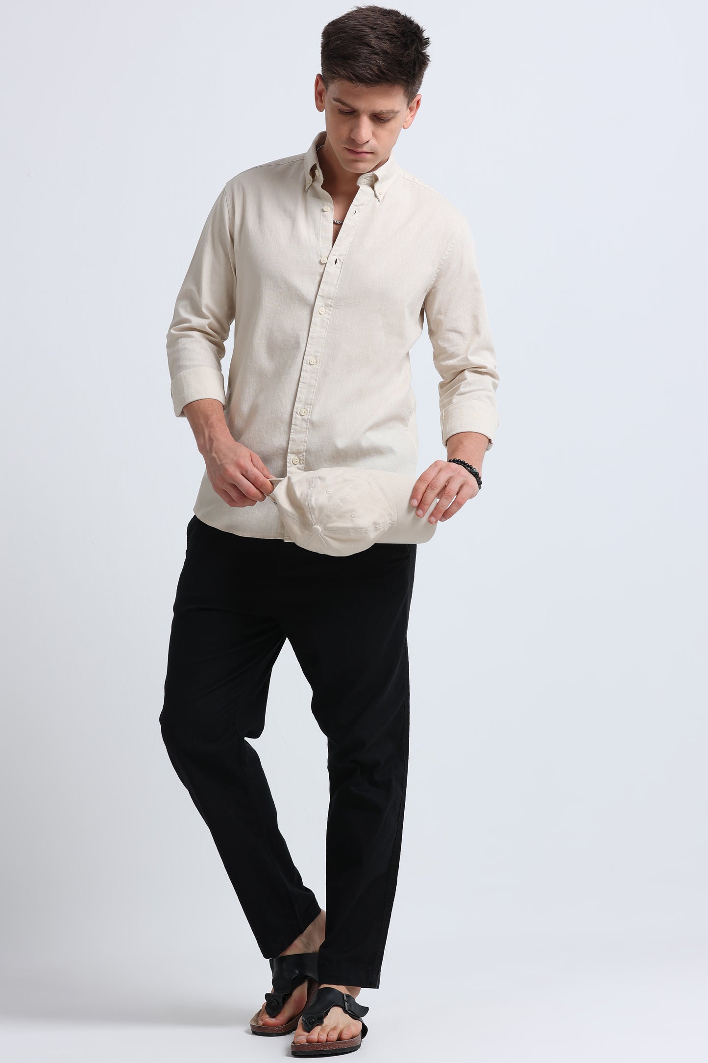 Classic Cotton Linen Button-Down Shirt Cream