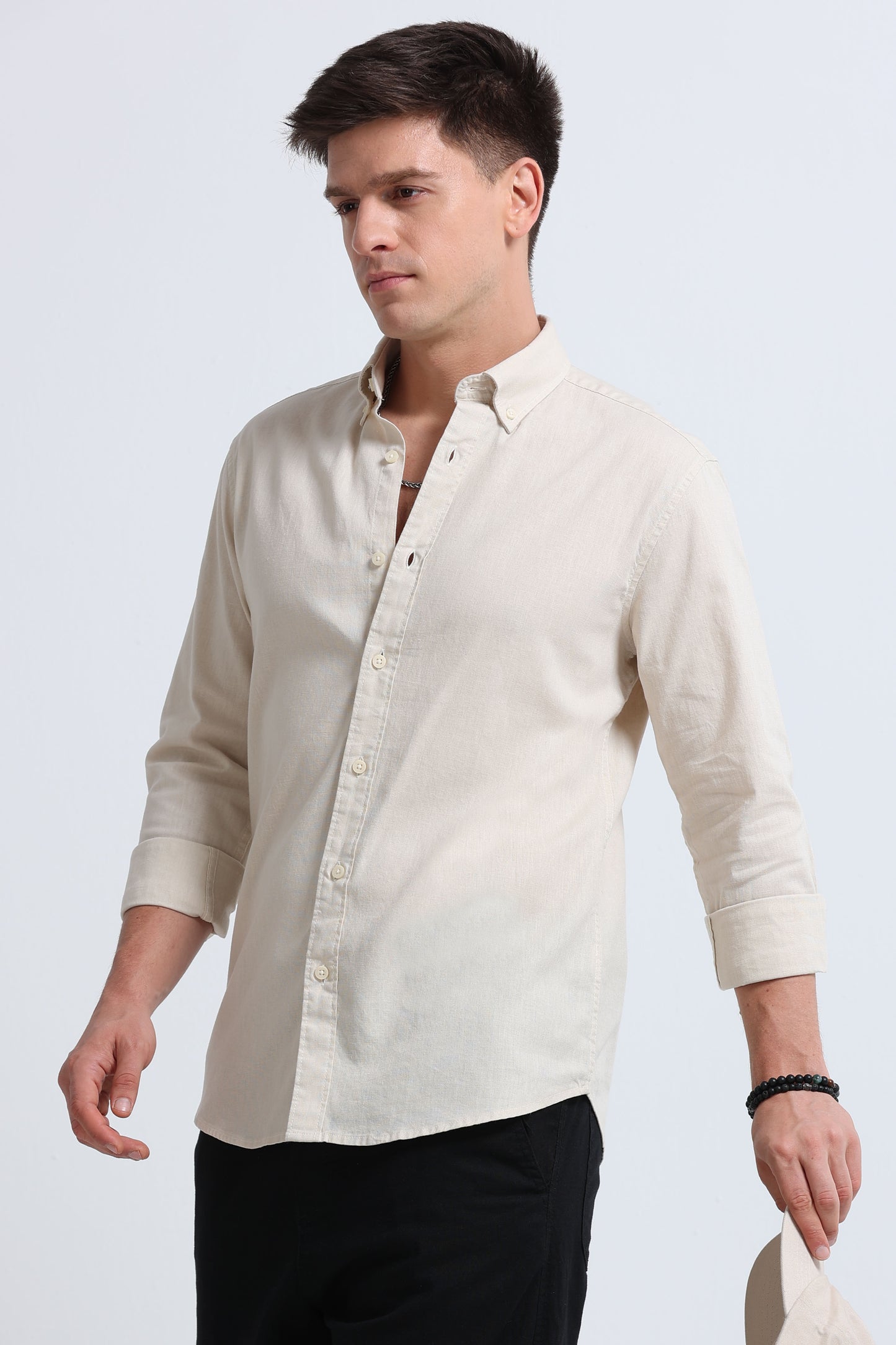 Classic Cotton Linen Button-Down Shirt Cream