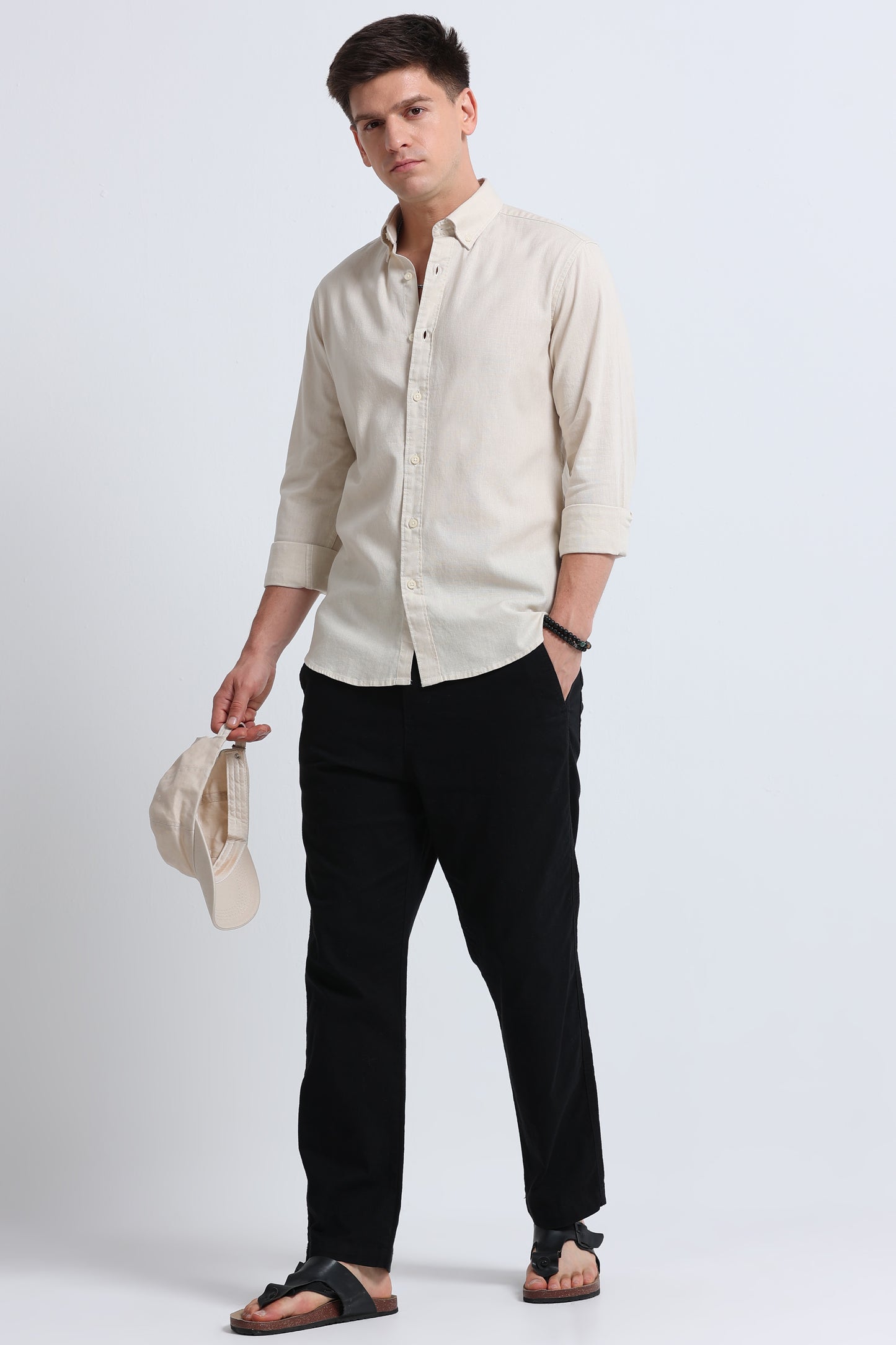 Classic Cotton Linen Button-Down Shirt Cream