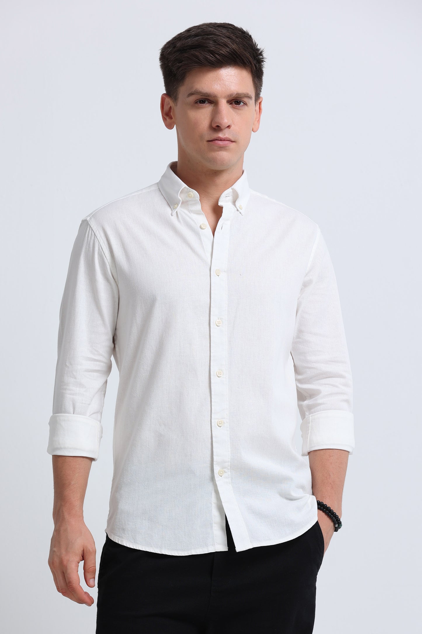 Classic Cotton Linen Button-Down Shirt White