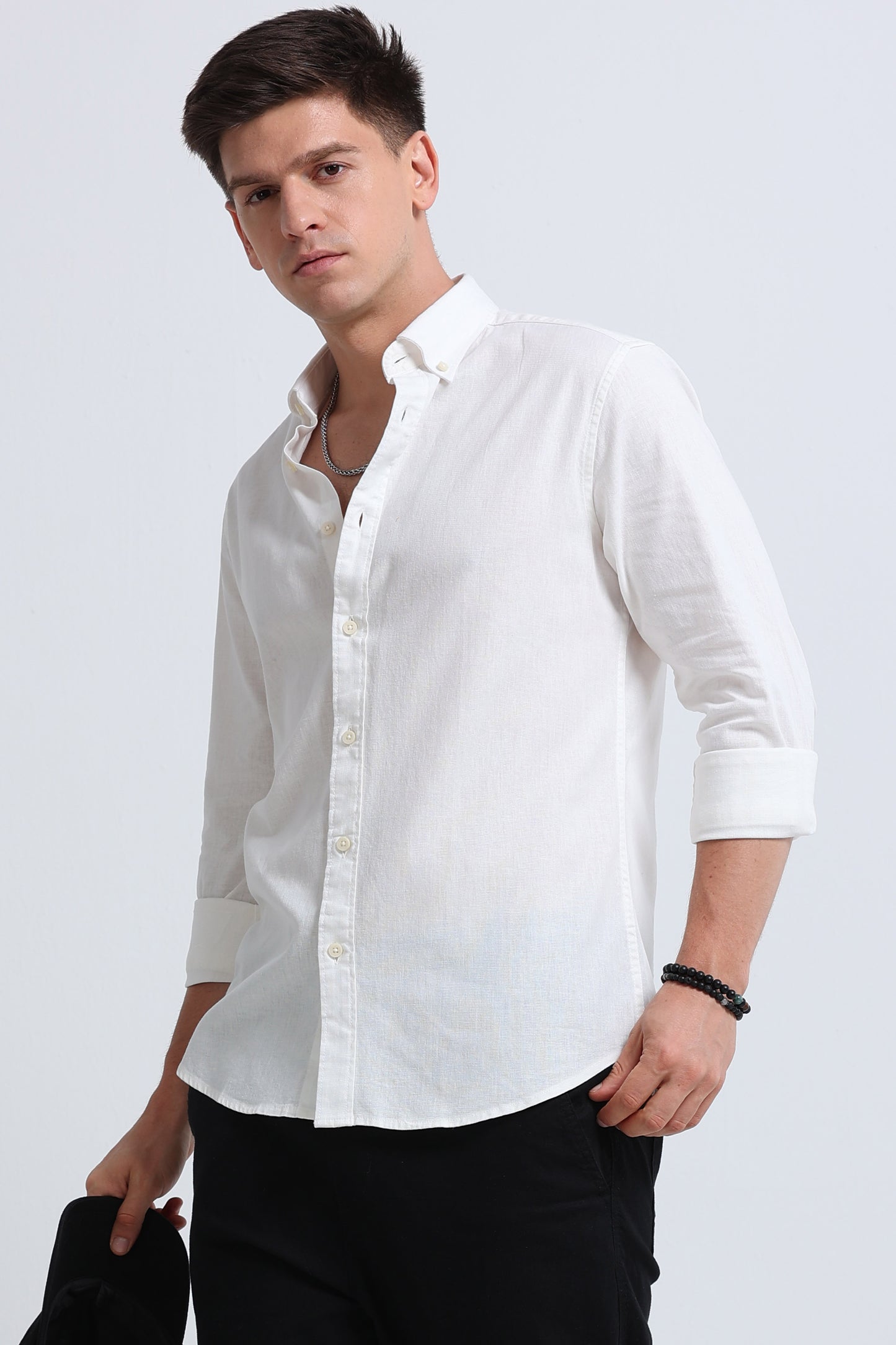 Classic Cotton Linen Button-Down Shirt White