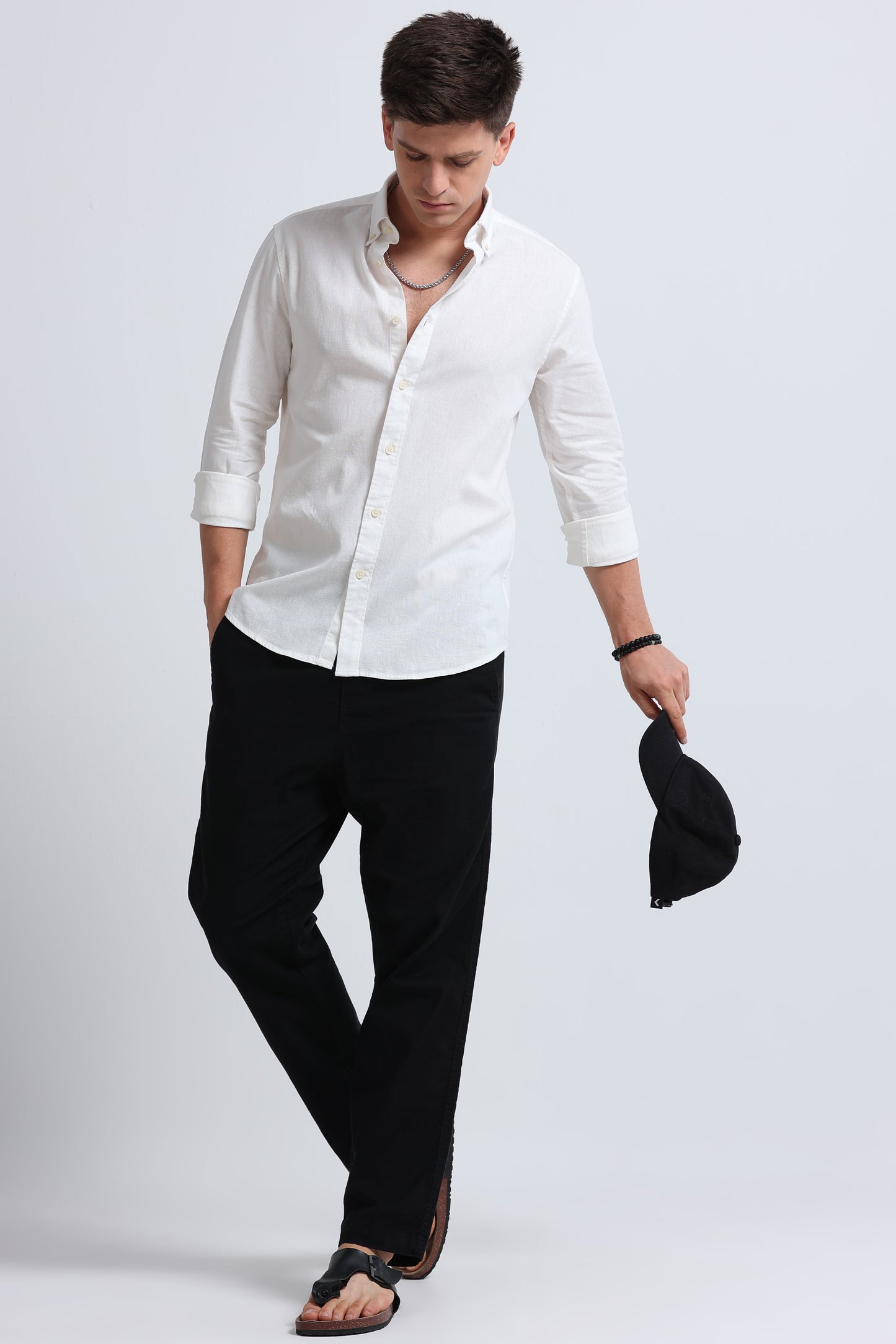 Classic Cotton Linen Button-Down Shirt White