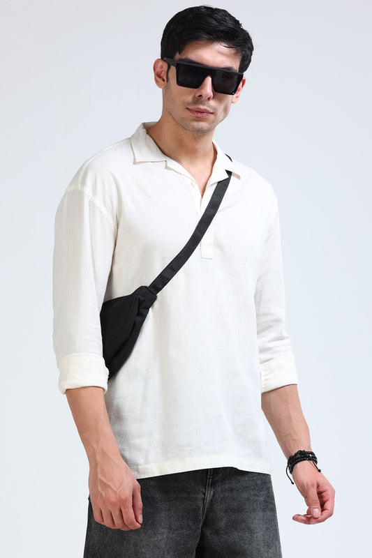 Off White Linen Short Kurta - Slim Fit