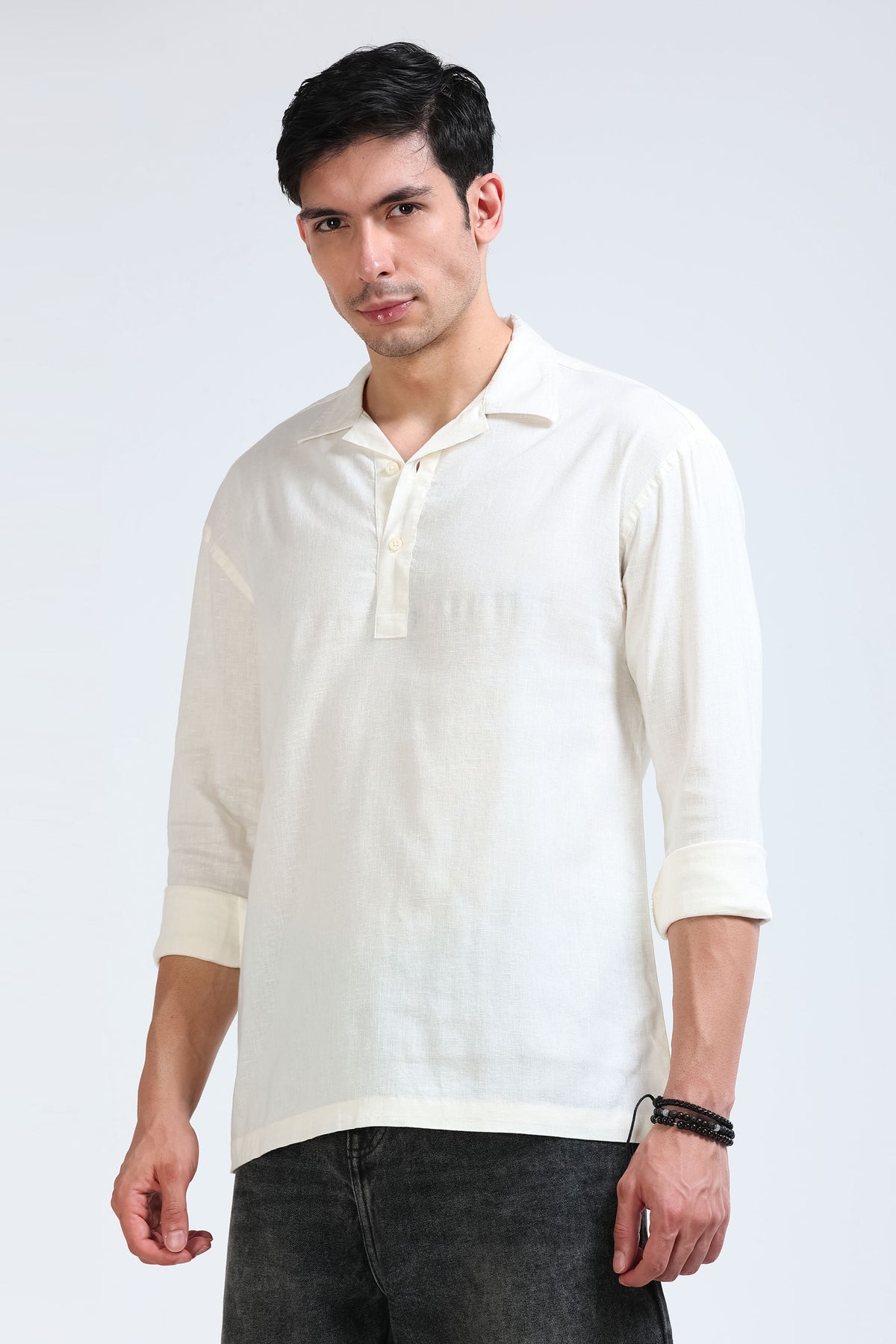 Off White Linen Short Kurta - Slim Fit