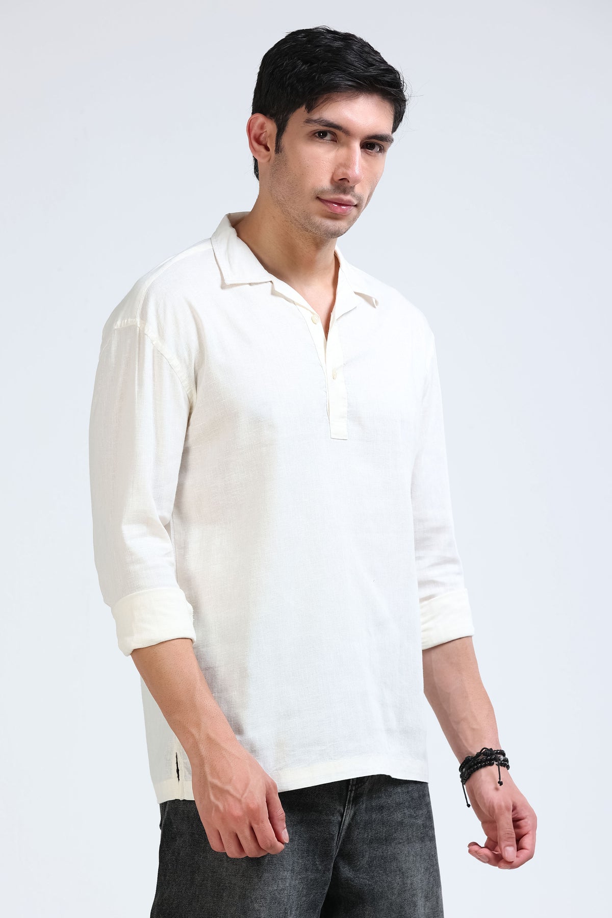 Off White Linen Short Kurta - Slim Fit