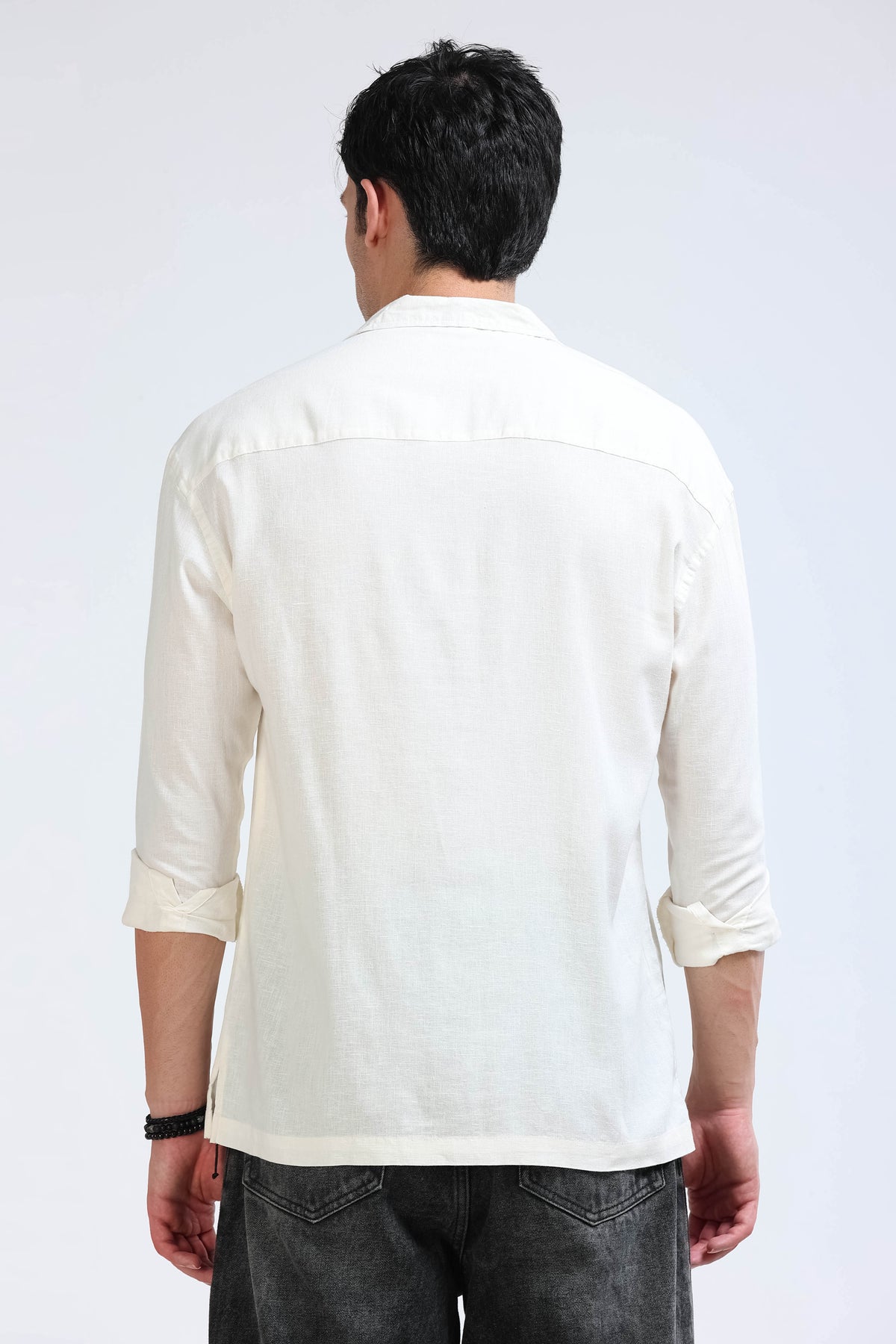 Off White Linen Short Kurta - Slim Fit