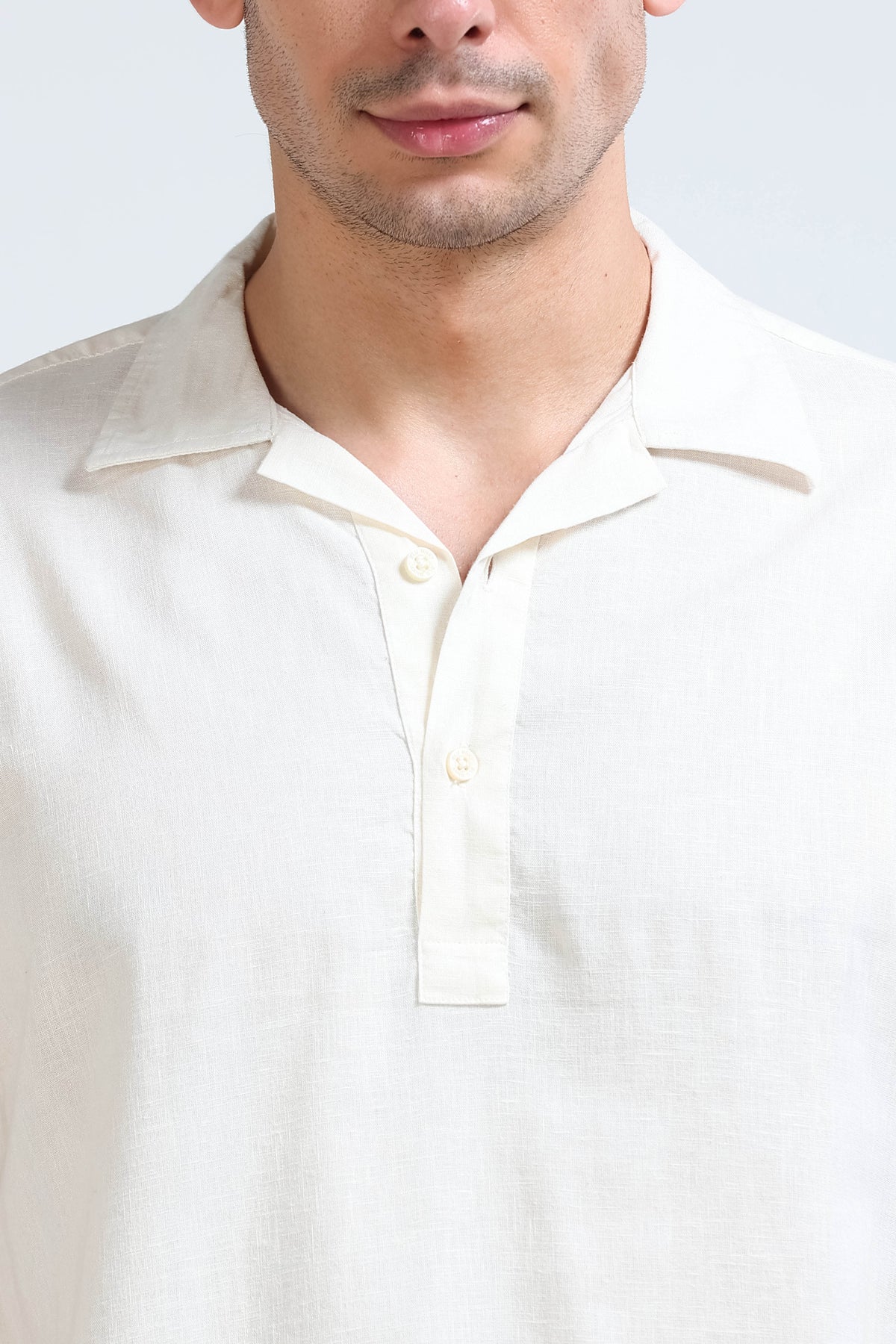 Off White Linen Short Kurta - Slim Fit