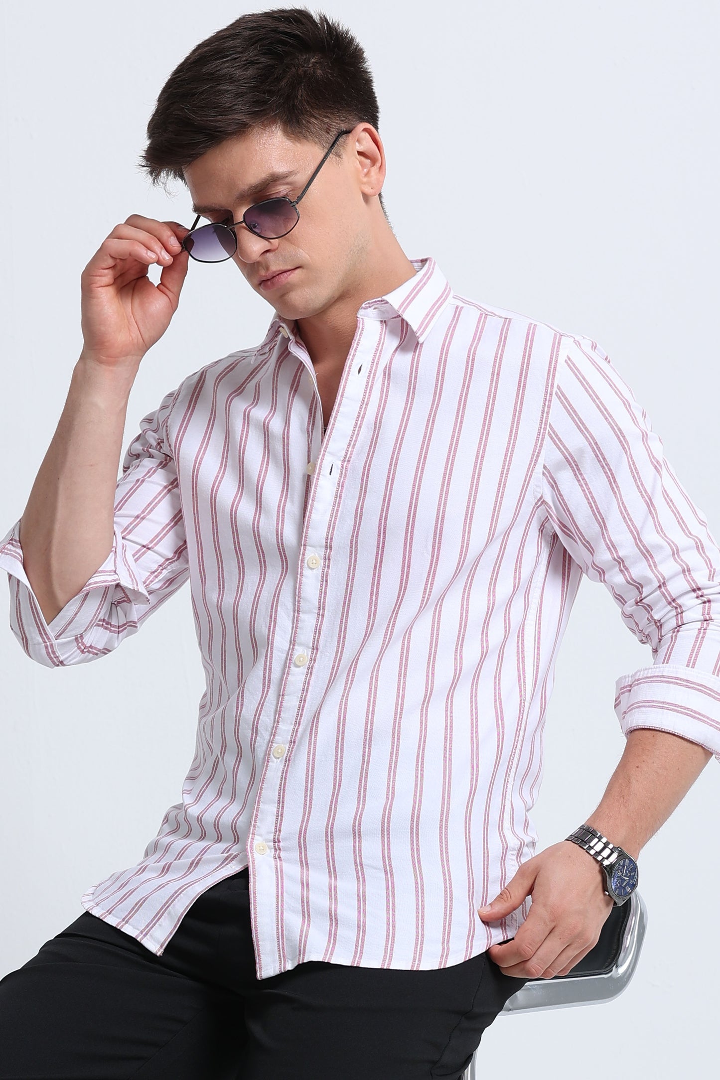 Classic Striped Oxford Cotton Shirt Red White