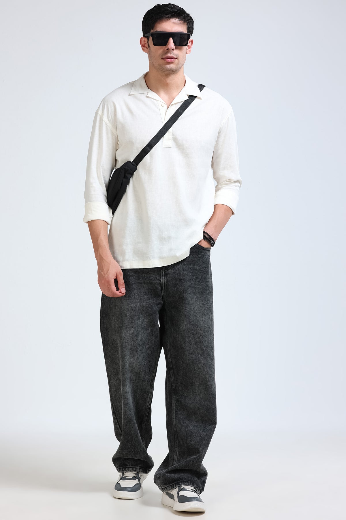 Off White Linen Short Kurta - Slim Fit