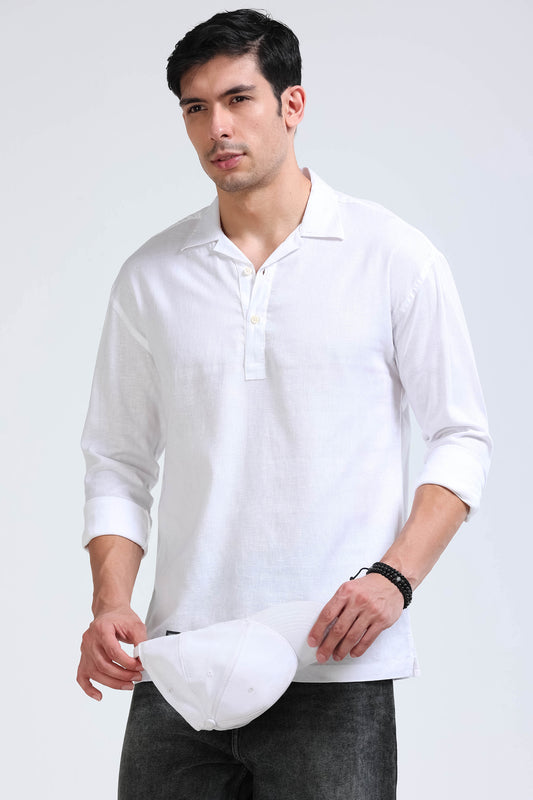 White Linen Short Kurta - Slim Fit