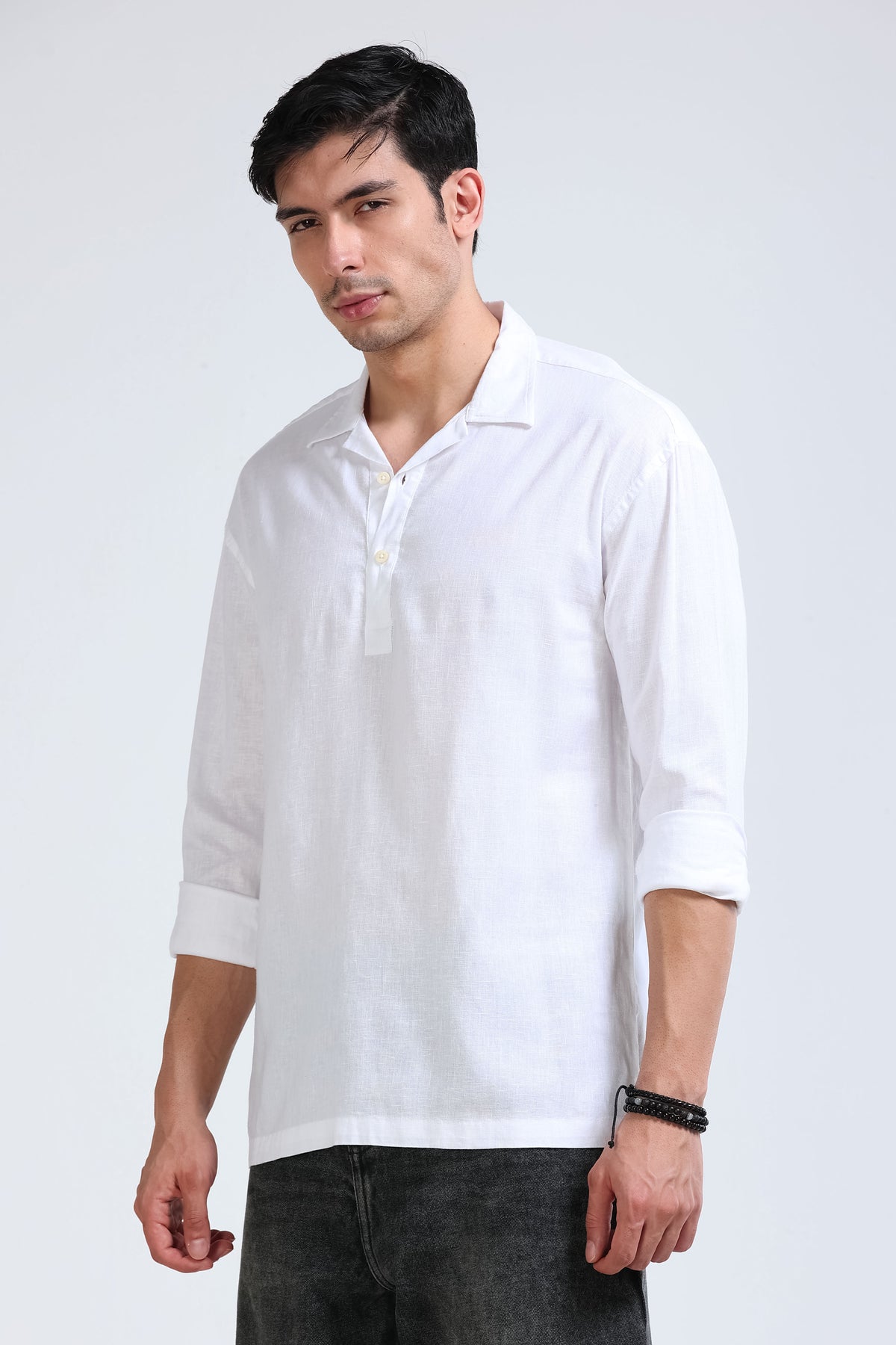 White Linen Short Kurta - Slim Fit