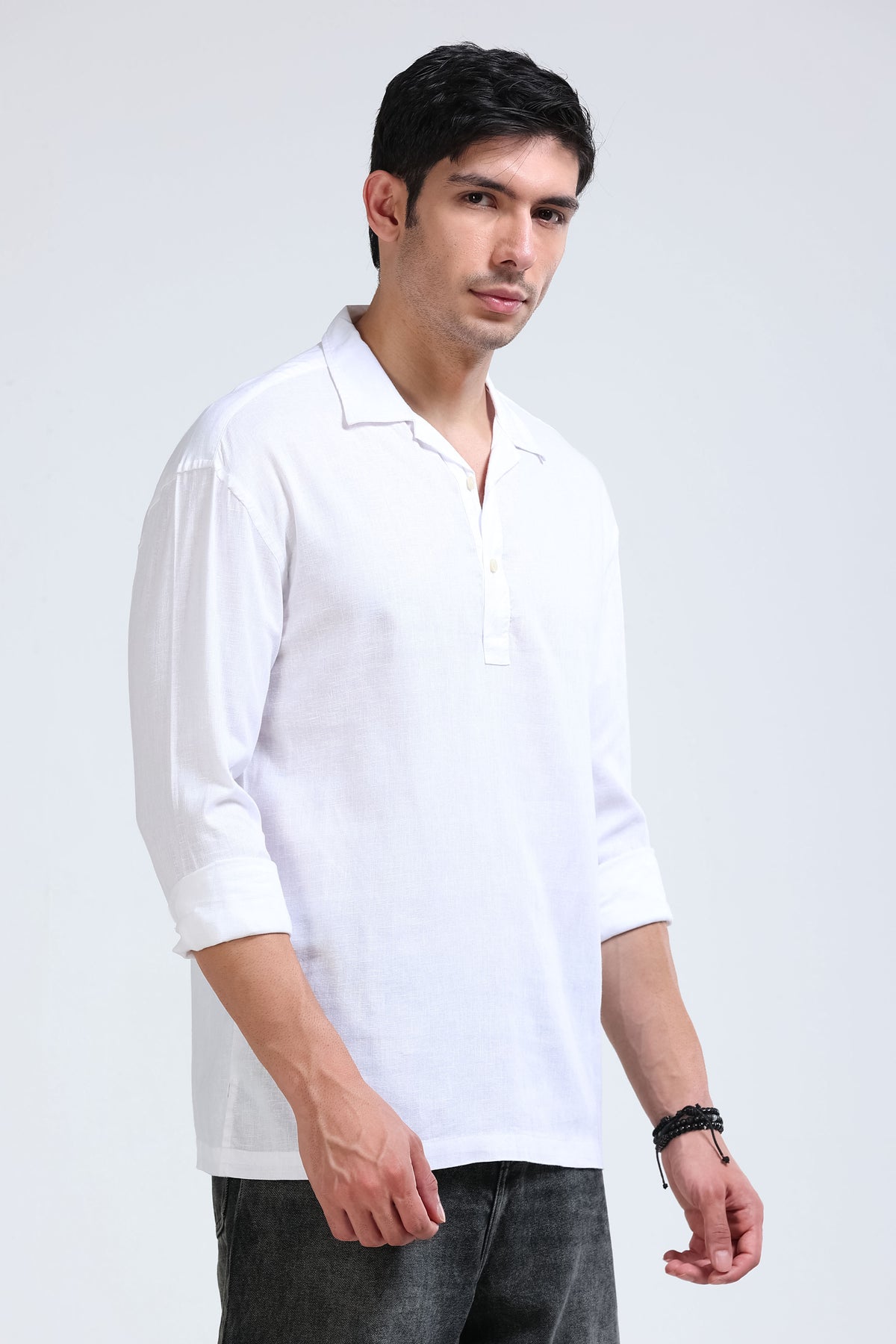 White Linen Short Kurta - Slim Fit