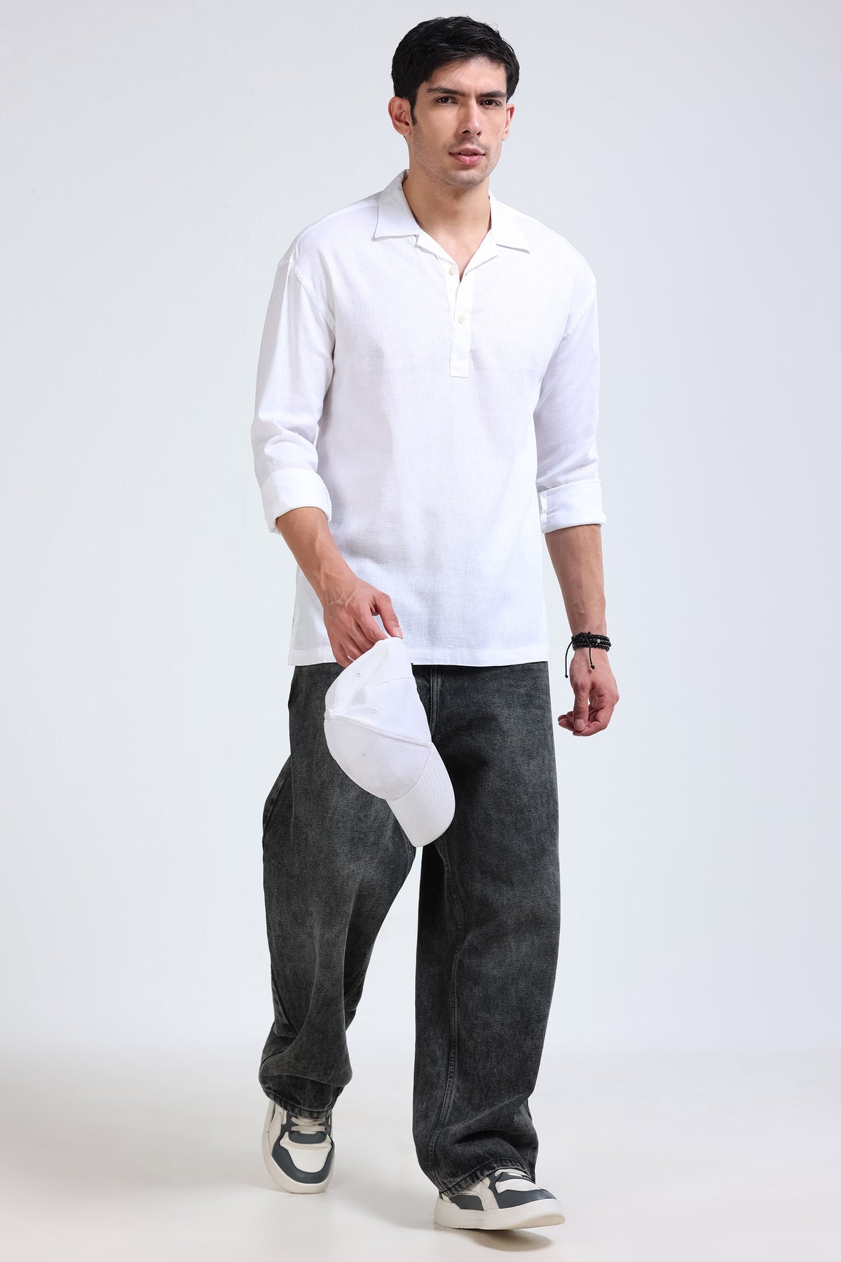 White Linen Short Kurta - Slim Fit