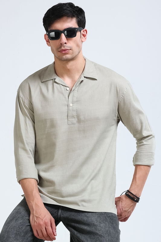 Beige Linen Short Kurta - Slim Fit