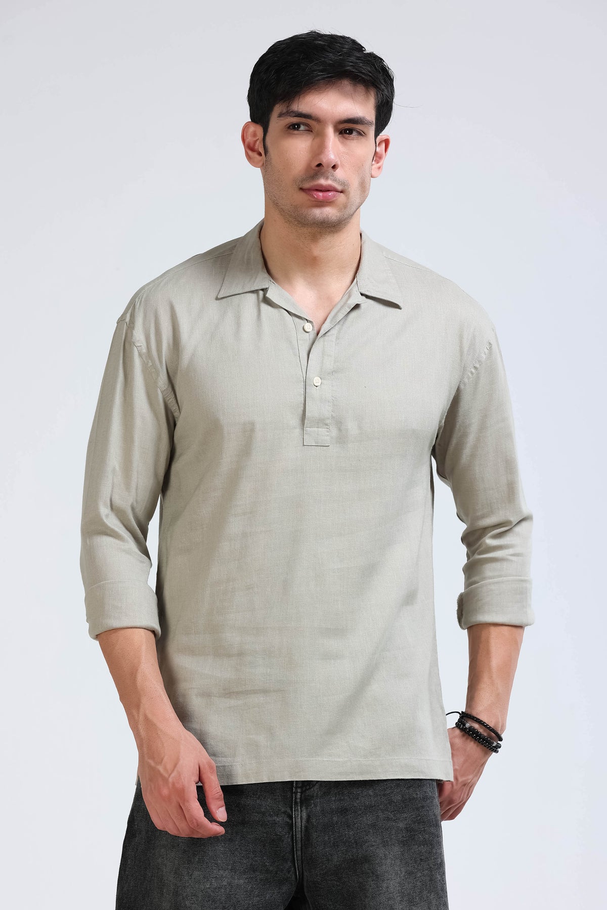 Beige Linen Short Kurta - Slim Fit