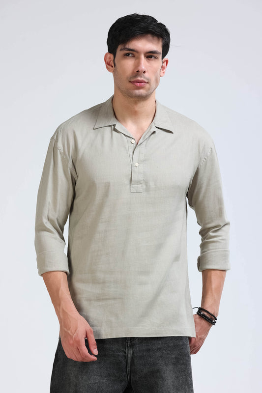 Beige Linen Short Kurta - Slim Fit